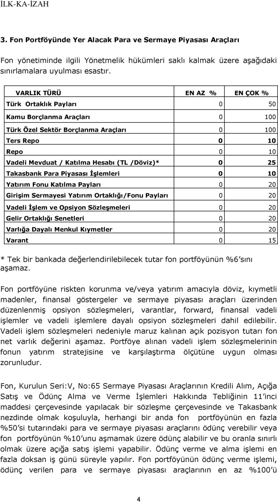 25 Takasbank Para Piyasası İşlemleri 0 10 Yatırım Fonu Katılma Payları 0 20 Girişim Sermayesi Yatırım Ortaklığı/Fonu Payları 0 20 Vadeli İşlem ve Opsiyon Sözleşmeleri 0 20 Gelir Ortaklığı Senetleri 0