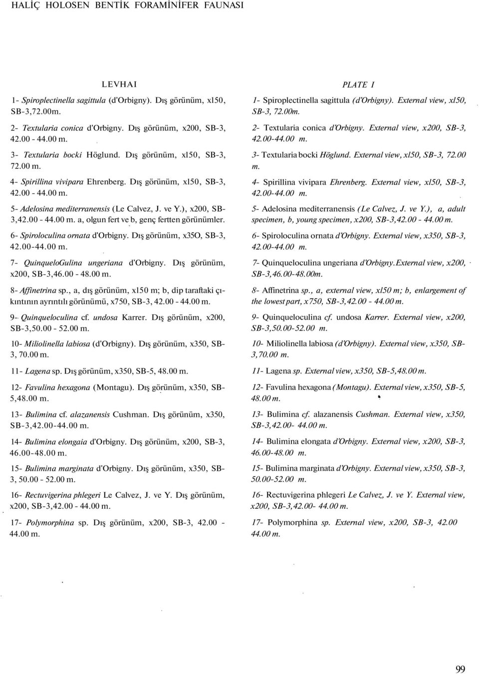 ), x200, SB- 3,42.00-44.00 m. a, olgun fert ve b, genç fertten görünümler. 6- Spiroloculina ornata d'orbigny. Dış görünüm, x35o, SB-3, 42.00-44.00 m. 7- QuinqueloGulina ungeriana d'orbigny.