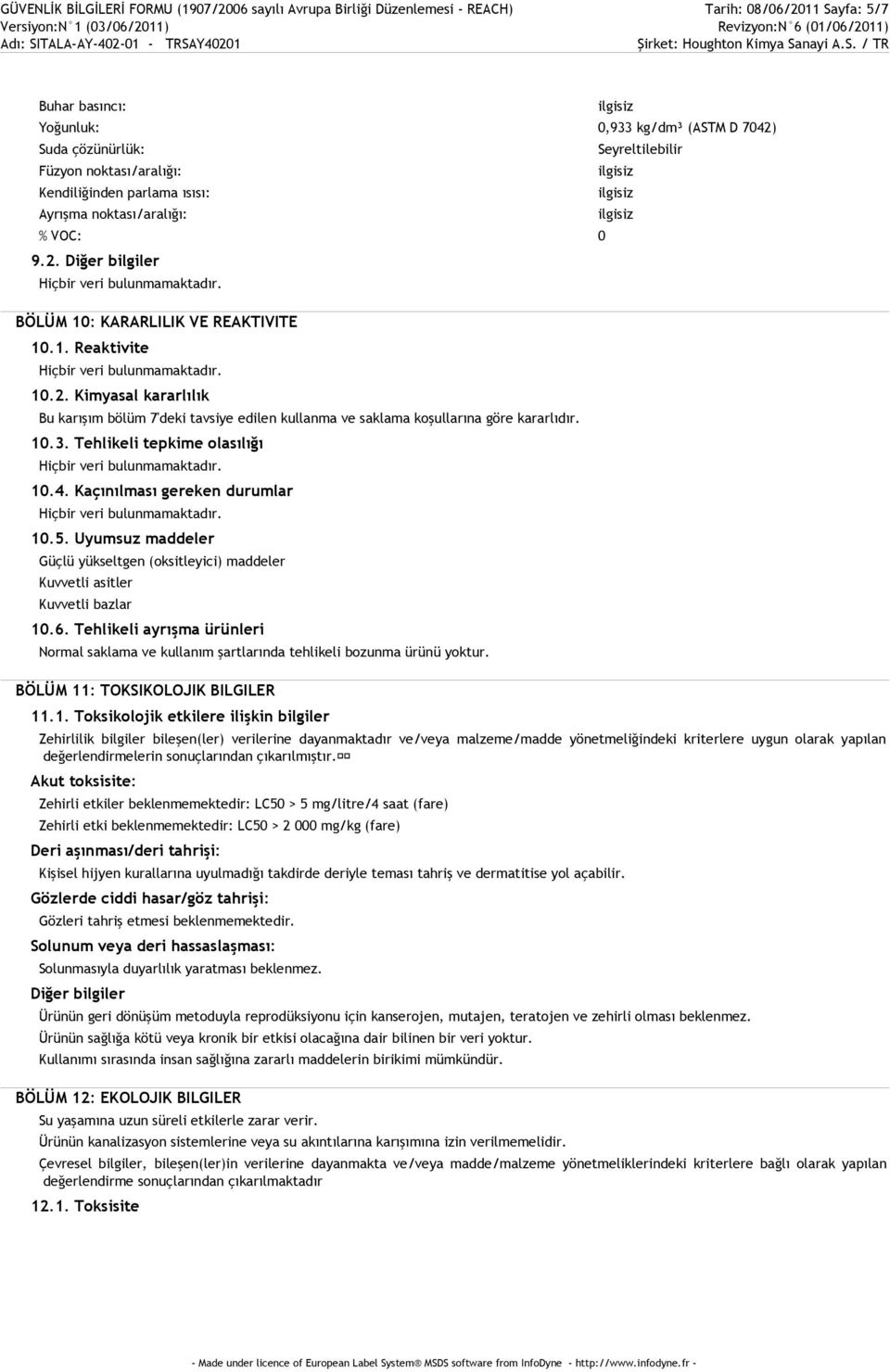 10.3. Tehlikeli tepkime olasılığı 10.4. Kaçınılması gereken durumlar 10.5. Uyumsuz maddeler Güçlü yükseltgen (oksitleyici) maddeler Kuvvetli asitler Kuvvetli bazlar 10.6.