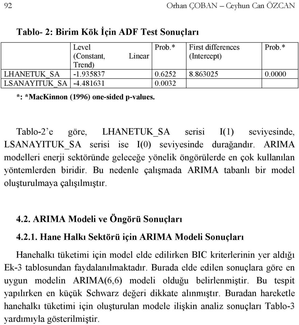 ARIMA modelleri enerji sektöründe geleceğe yönelik öngörülerde en çok kullanılan yöntemlerden biridir. Bu nedenle çalışmada ARIMA tabanlı bir model oluşturulmaya çalışılmıştır. 4.2.