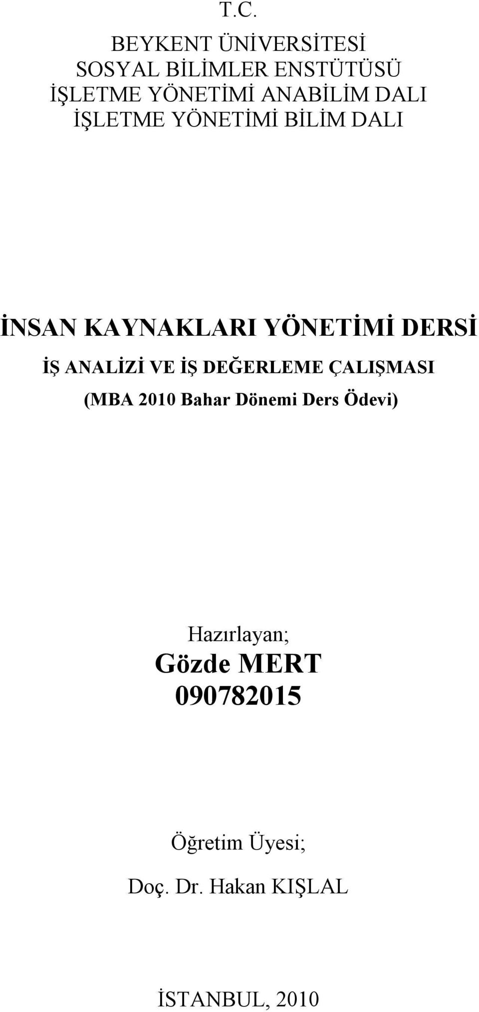 İŞ ANALİZİ VE İŞ DEĞERLEME ÇALIŞMASI (MBA 2010 Bahar Dönemi Ders Ödevi)