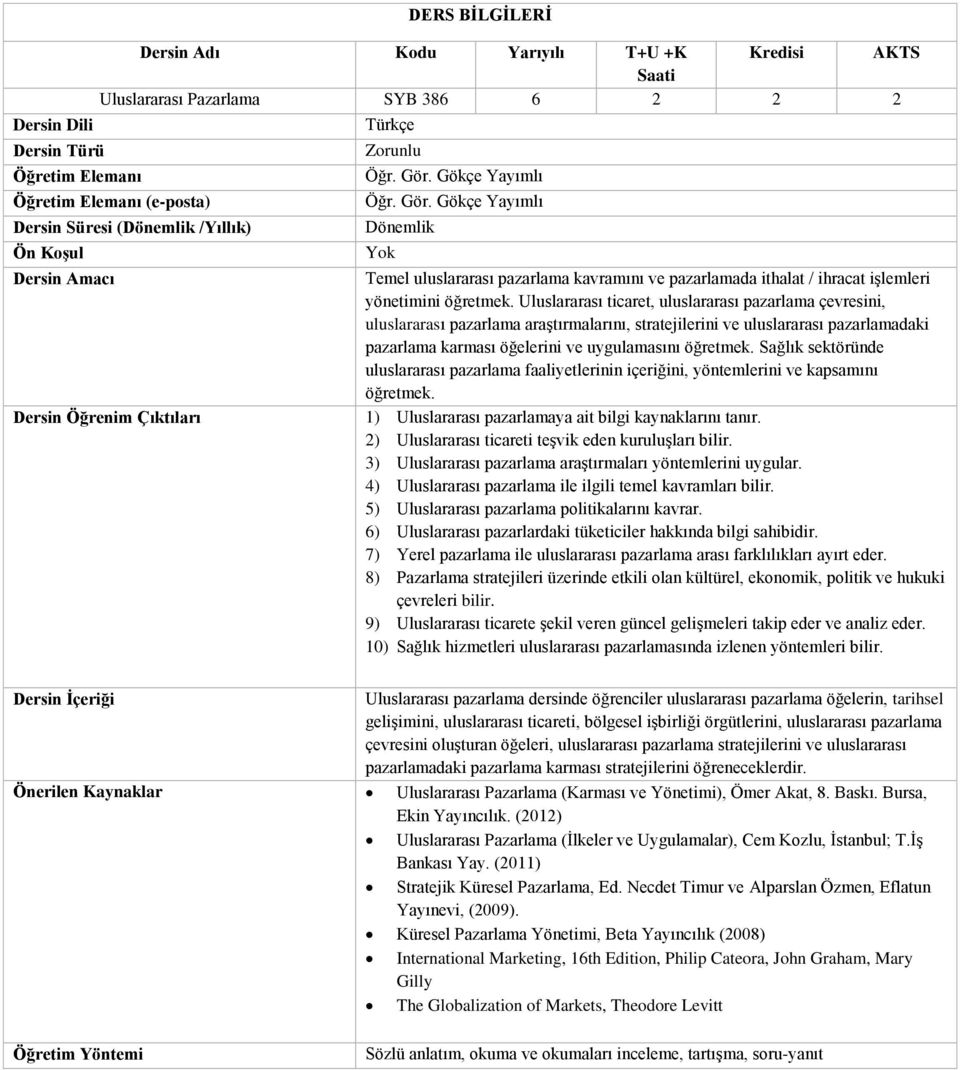 Uluslararası ticaret, uluslararası pazarlama çevresini, uluslararası pazarlama araştırmalarını, stratejilerini ve uluslararası pazarlamadaki pazarlama karması öğelerini ve uygulamasını öğretmek.