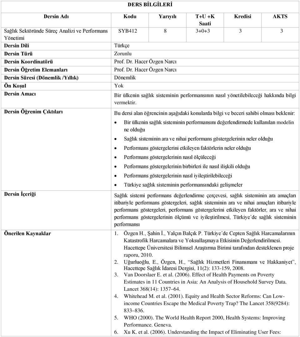 Bu dersi alan öğrencinin aşağıdaki konularda bilgi ve beceri sahibi olması beklenir: Bir ülkenin sağlık sisteminin performansını değerlendirmede kullanılan modelin ne olduğu Sağlık sisteminin ara ve