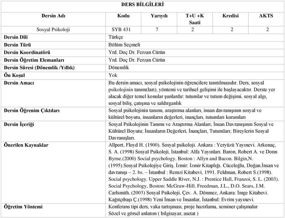 Derste yer alacak diğer temel konular şunlardır: tutumlar ve tutum değişimi, sosyal algı, sosyal biliş, çatışma ve saldırganlık Sosyal psikolojinin tanımı, araştırma alanları, insan davranışının