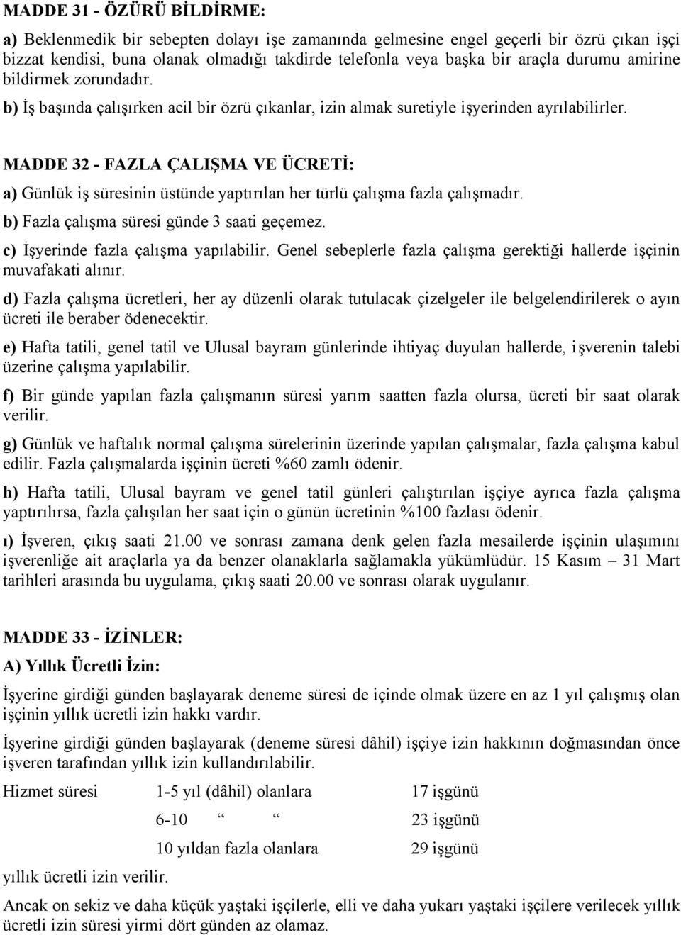 MADDE 32 - FAZLA ÇALIŞMA VE ÜCRETİ: a) Günlük iş süresinin üstünde yaptırılan her türlü çalışma fazla çalışmadır. b) Fazla çalışma süresi günde 3 saati geçemez. c) İşyerinde fazla çalışma yapılabilir.