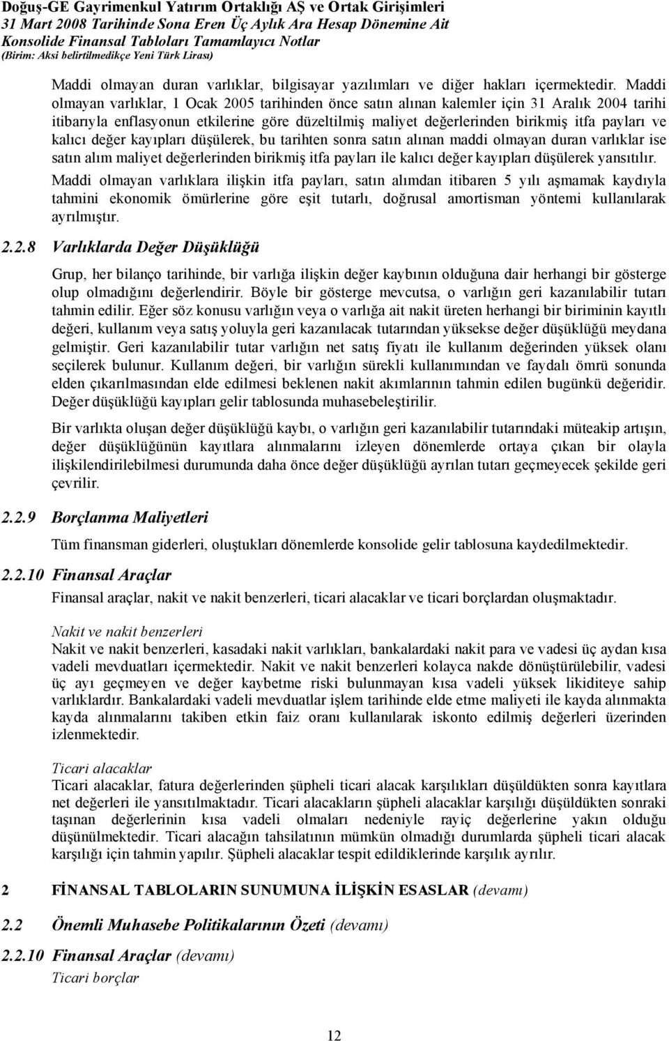 kalıcı değer kayıpları düşülerek, bu tarihten sonra satın alınan maddi olmayan duran varlıklar ise satın alım maliyet değerlerinden birikmiş itfa payları ile kalıcı değer kayıpları düşülerek