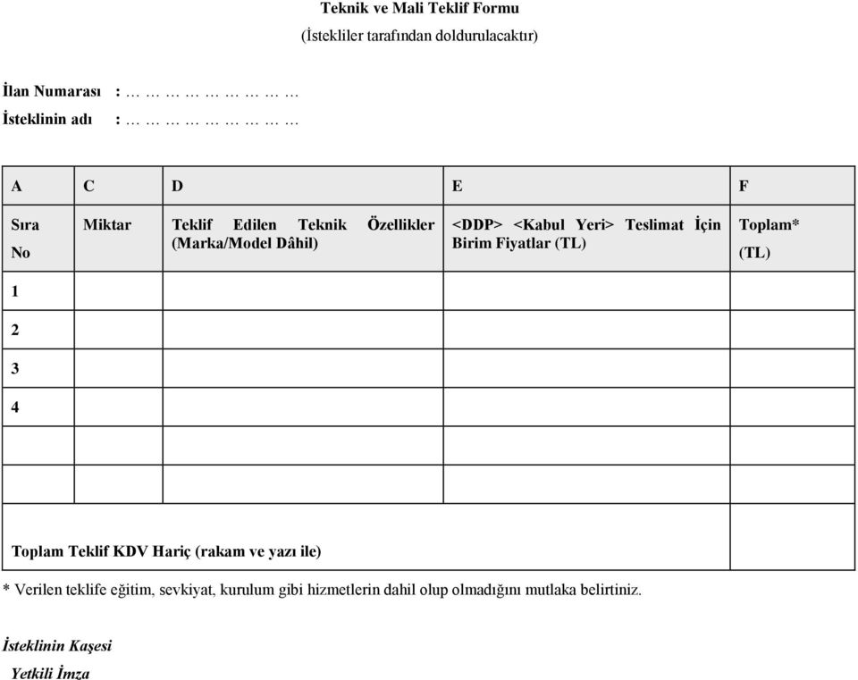 Birim Fiyatlar (TL) Toplam* (TL) 1 2 3 4 Toplam Teklif KDV Hariç (rakam ve yazı ile) * Verilen teklife