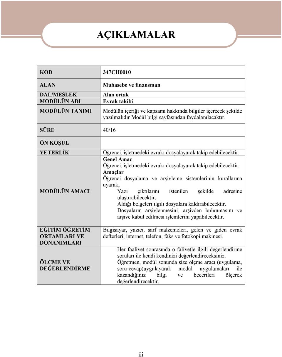 SÜRE 40/16 ÖN KOŞUL YETERLİK MODÜLÜN AMACI EĞİTİM ÖĞRETİM ORTAMLARI VE DONANIMLARI ÖLÇME VE DEĞERLENDİRME Öğrenci, işletmedeki evrakı dosyalayarak takip edebilecektir.