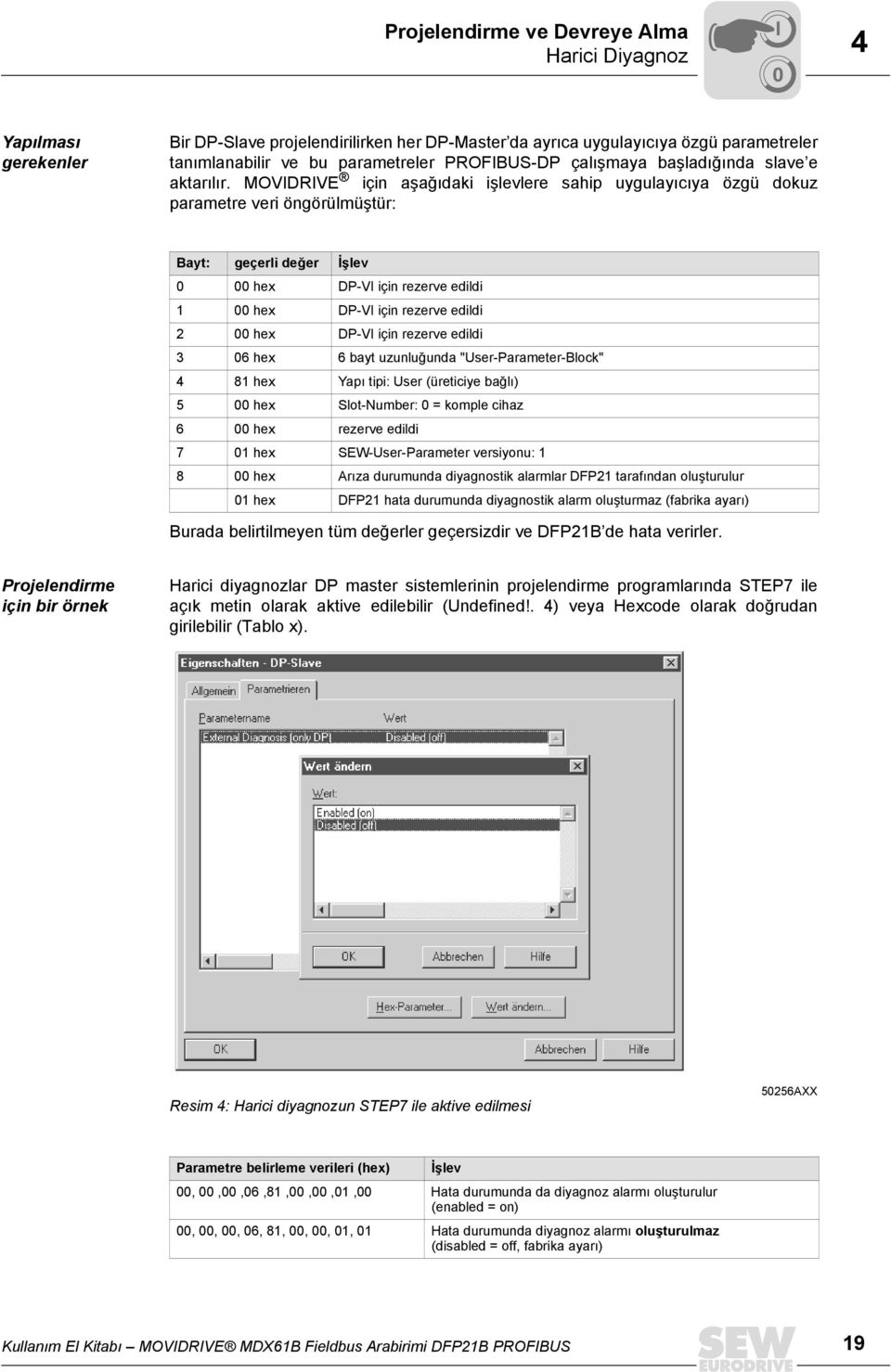 MOVDRVE için aşağõdaki işlevlere sahip uygulayõcõya özgü dokuz parametre veri öngörülmüştür: Bayt: geçerli değer İşlev hex DP-V için rezerve edildi 1 hex DP-V için rezerve edildi 2 hex DP-V için