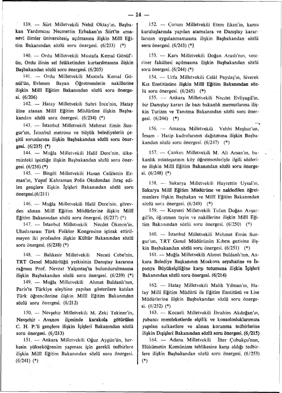 Ordu Milletvekili Mustafa Kemal Gönül'ün, Evlenen Bayan Öğretmenlerin nakillerine ilişkin Millî Eğitim Bakanından sözlü soru önergesi. (6/206) 142.