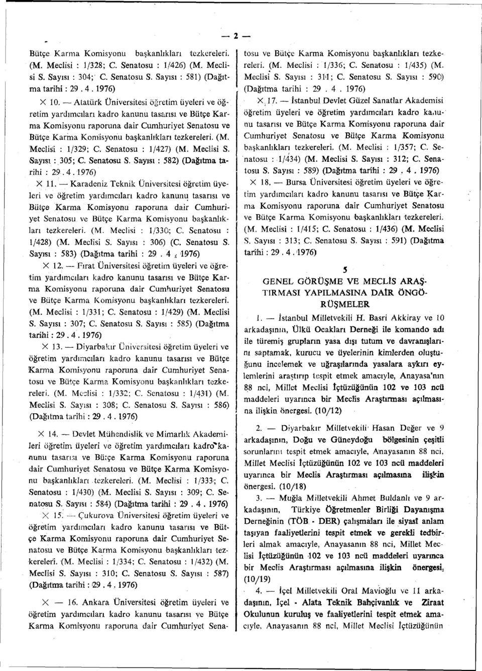 Meclisi : 1/329; C. Senatosu : 1/427) (M. Meclisi S. Sayısı : 305; C. Senatosu S. Sayısı : 582) (Dağıtma tarihi : 29.4.1976) X 11.