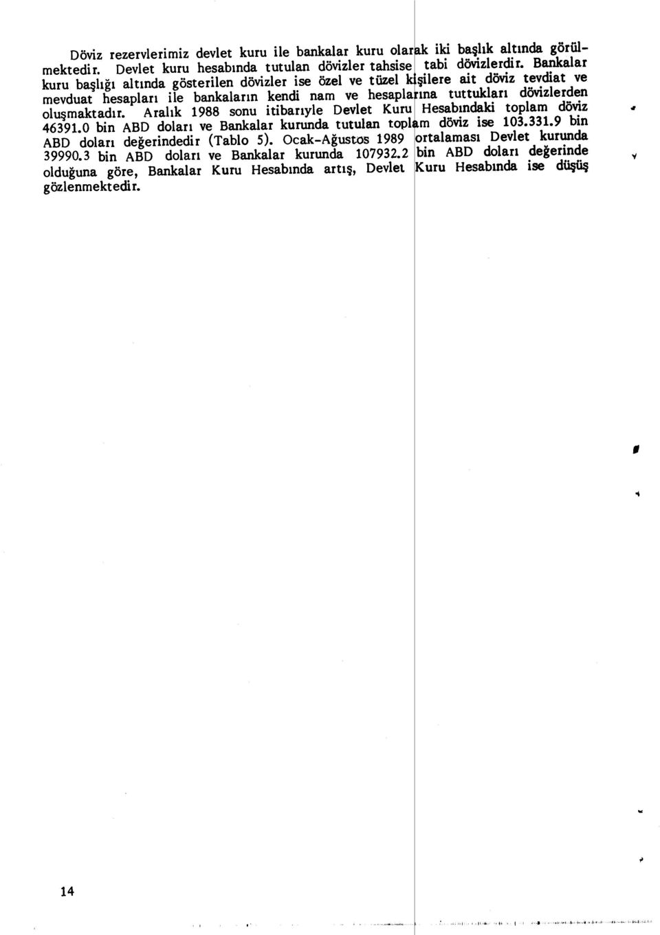 Aral ık 1988 sonu itibariyle Devlet Kuru 46391.0 bin ABD dolar ı ve Bankalar kurumda tutulan topl ABD dolar ı de ğerindedir (Tablo 5). cak-a ğustos 1989 39990.