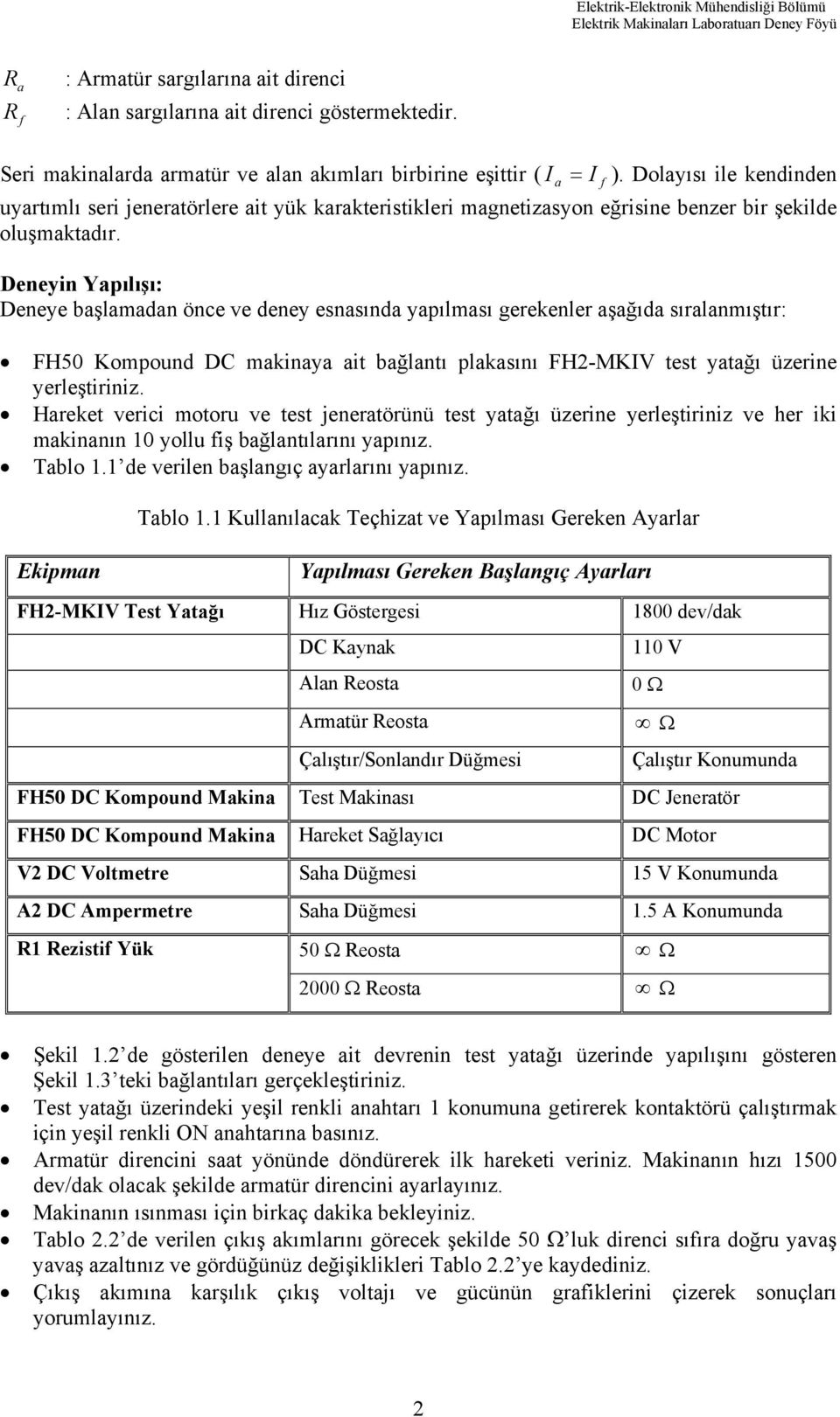 Deneyin Yapılışı: Deneye başlamadan önce ve deney esnasında yapılması gerekenler aşağıda sıralanmıştır: FH50 Kompound DC makinaya ait bağlantı plakasını FH2-MKIV test yatağı üzerine yerleştiriniz.