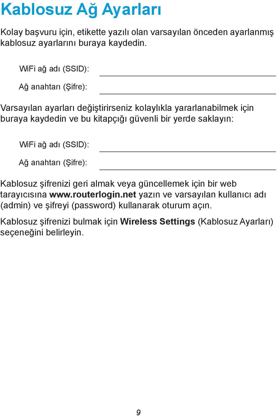 yerde saklayın: WiFi ağ adı (SSID): Ağ anahtarı (Şifre): Kablosuz şifrenizi geri almak veya güncellemek için bir web tarayıcısına www.routerlogin.