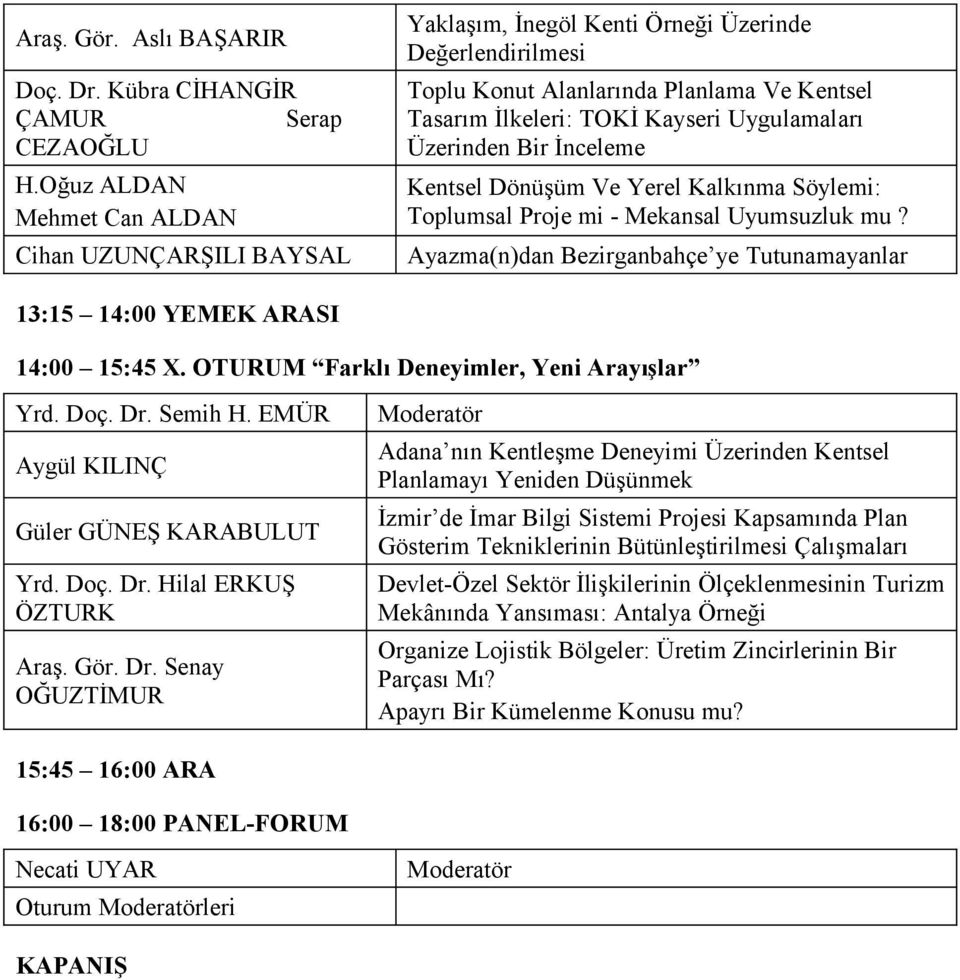 Üzerinden Bir İnceleme Kentsel Dönüşüm Ve Yerel Kalkınma Söylemi: Toplumsal Proje mi - Mekansal Uyumsuzluk mu? Ayazma(n)dan Bezirganbahçe ye Tutunamayanlar 13:15 14:00 YEMEK ARASI 14:00 15:45 X.