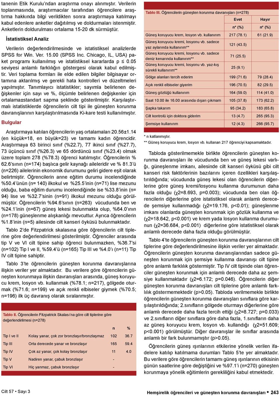 Anketlerin doldurulması ortalama 15-20 dk sürmüştür. İstatistiksel Analiz Verilerin değerlendirilmesinde ve istatistiksel analizlerde SPSS for Win. Ver. 15.00 (SPSS Inc.