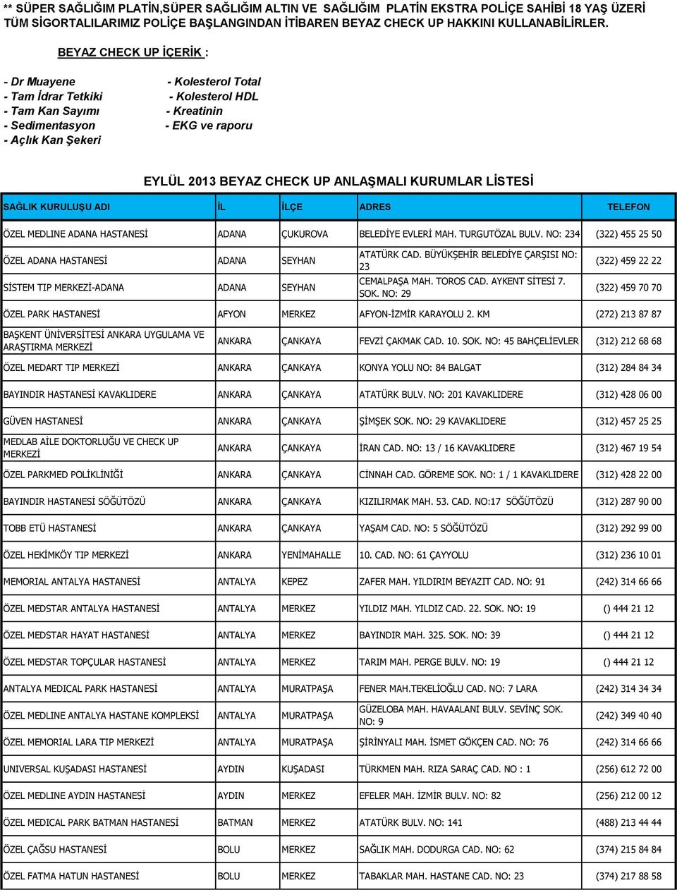 ANLAŞMALI KURUMLAR LİSTESİ ÖZEL MEDLINE ADANA HASTANESİ ADANA ÇUKUROVA BELEDİYE EVLERİ MAH. TURGUTÖZAL BULV.