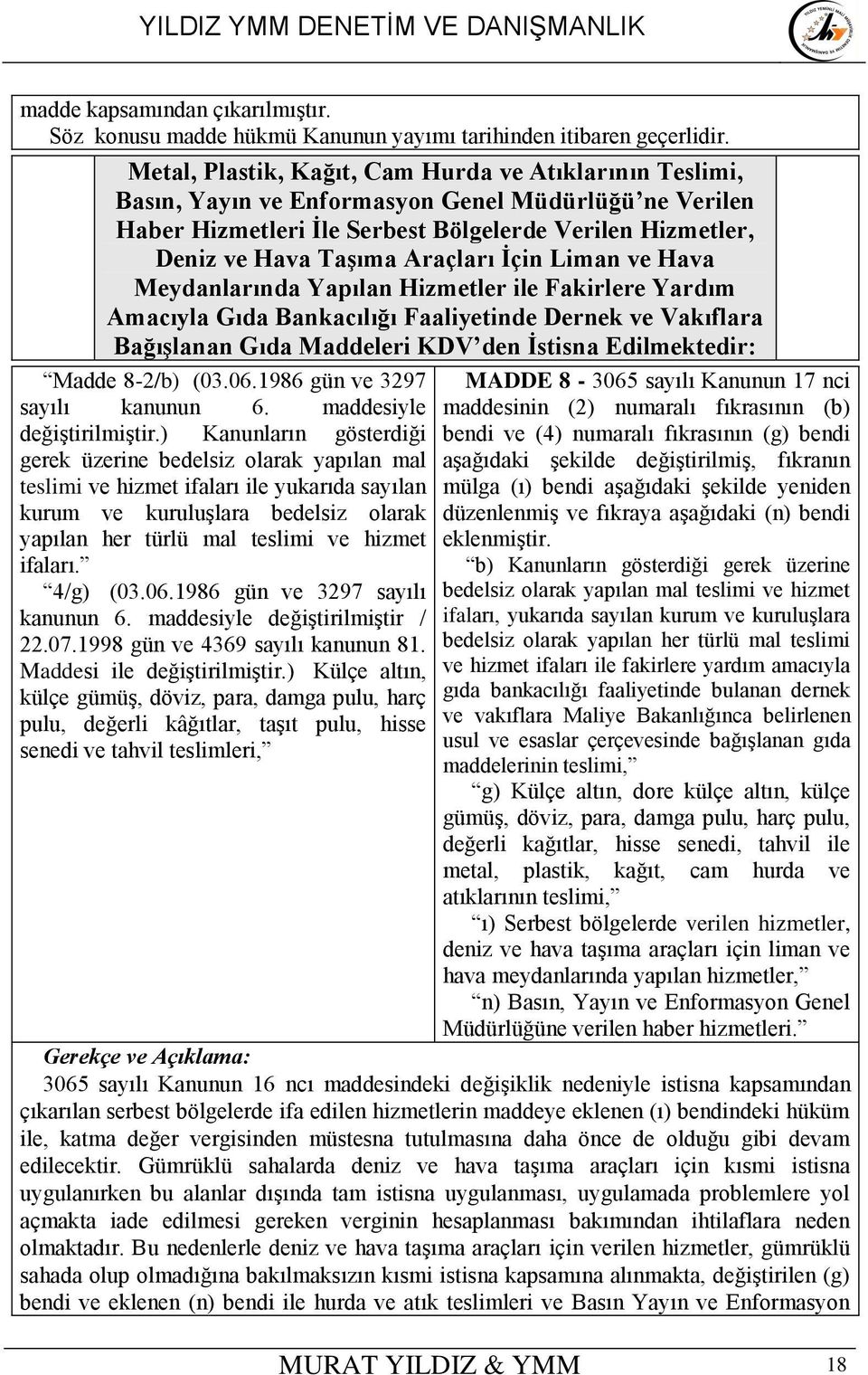 Araçları İçin Liman ve Hava Meydanlarında Yapılan Hizmetler ile Fakirlere Yardım Amacıyla Gıda Bankacılığı Faaliyetinde Dernek ve Vakıflara Bağışlanan Gıda Maddeleri KDV den İstisna Edilmektedir: