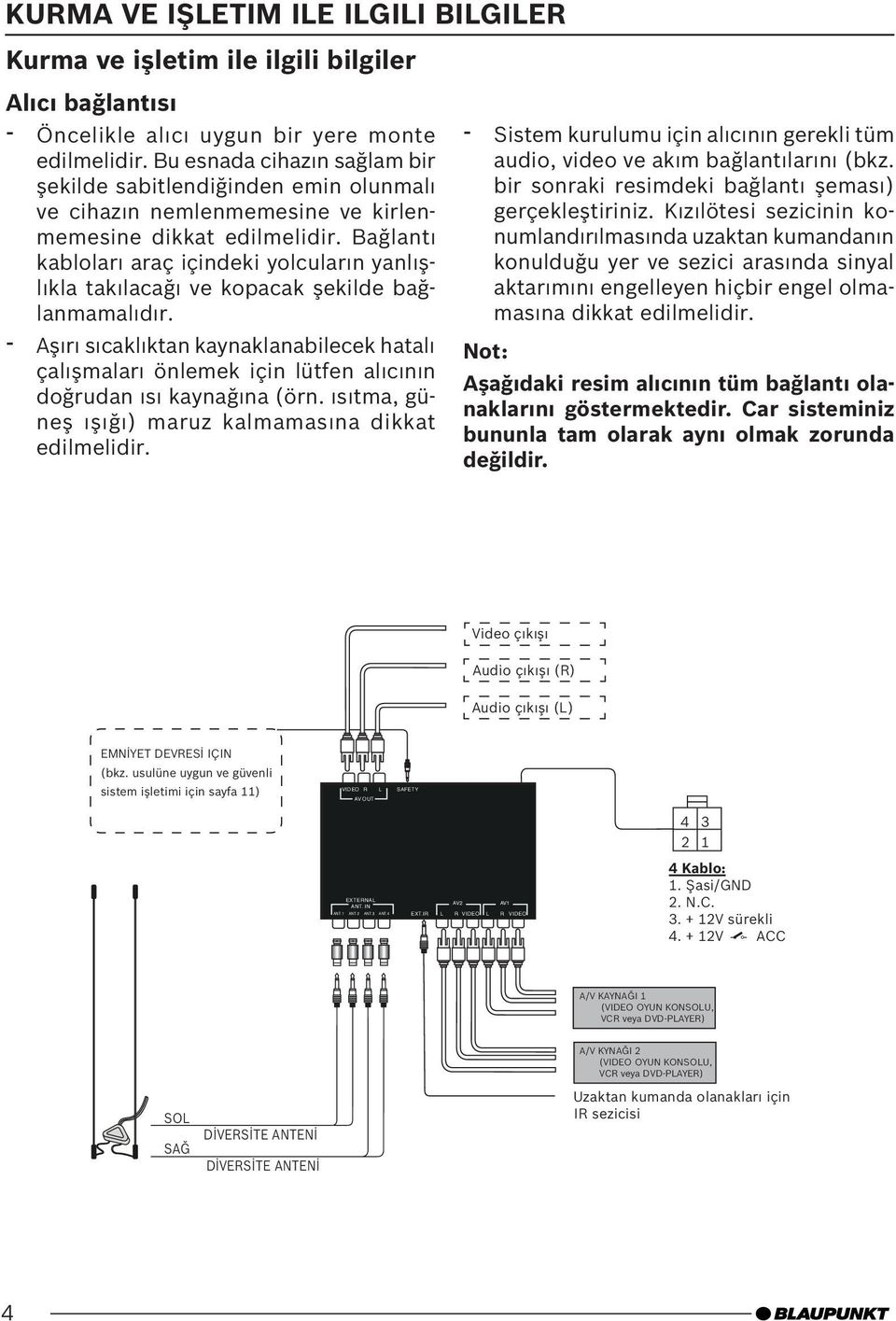 Bağlantı kabloları araç içindeki yolcuların yanlışlıkla takılacağı ve kopacak şekilde bağlanmamalıdır.