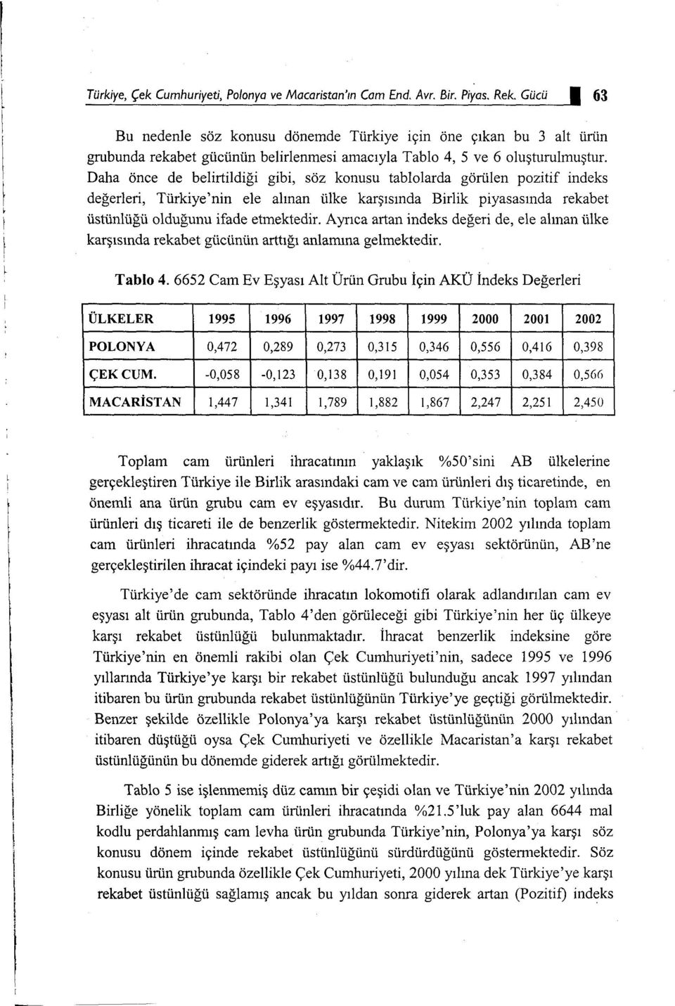 Daha önce de belirtildiği gibi, söz konusu tablolarda görülen pozitif indeks değerleri, Türkiye'nin ele alınan ülke karşısında Birlik piyasasında rekabet üstünlüğü olduğunu ifade etmektedir.