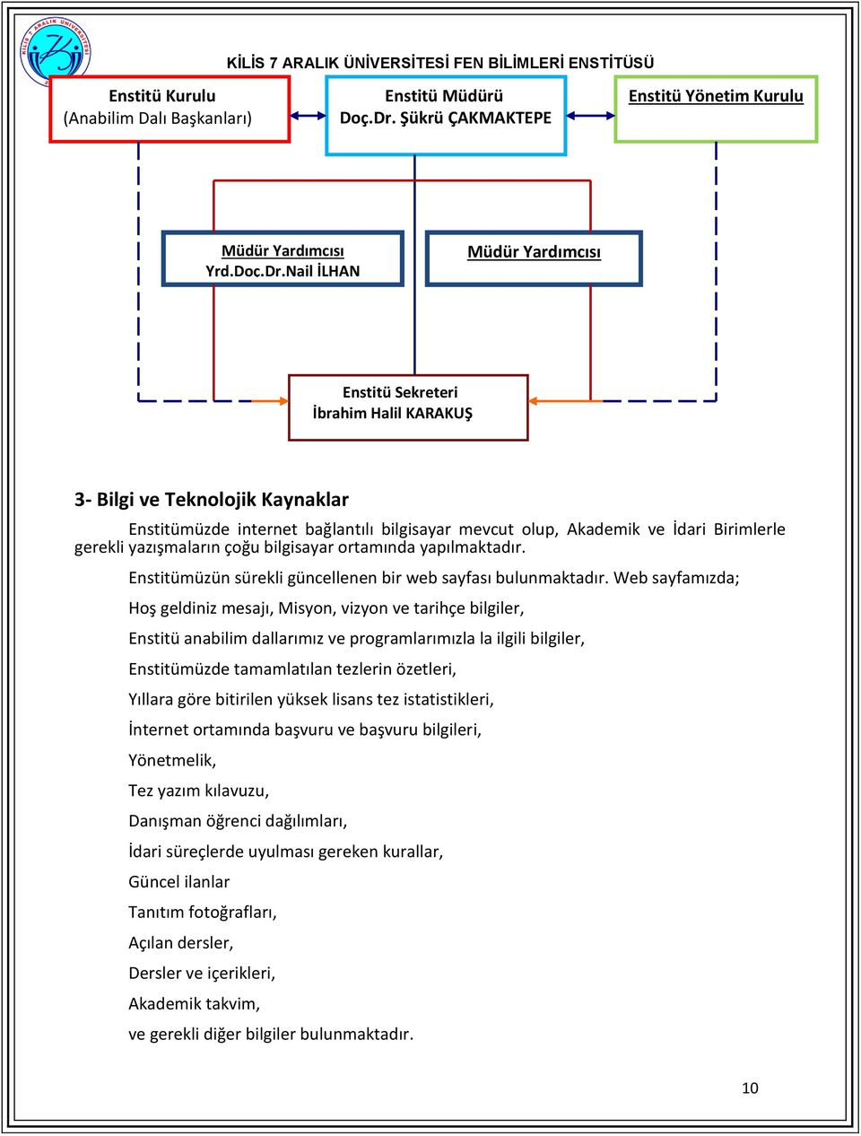 Nail İLHAN Müdür Yardımcısı Enstitü Sekreteri İbrahim Halil KARAKUŞ 3- Bilgi ve Teknolojik Kaynaklar Enstitümüzde internet bağlantılı bilgisayar mevcut olup, Akademik ve İdari Birimlerle gerekli