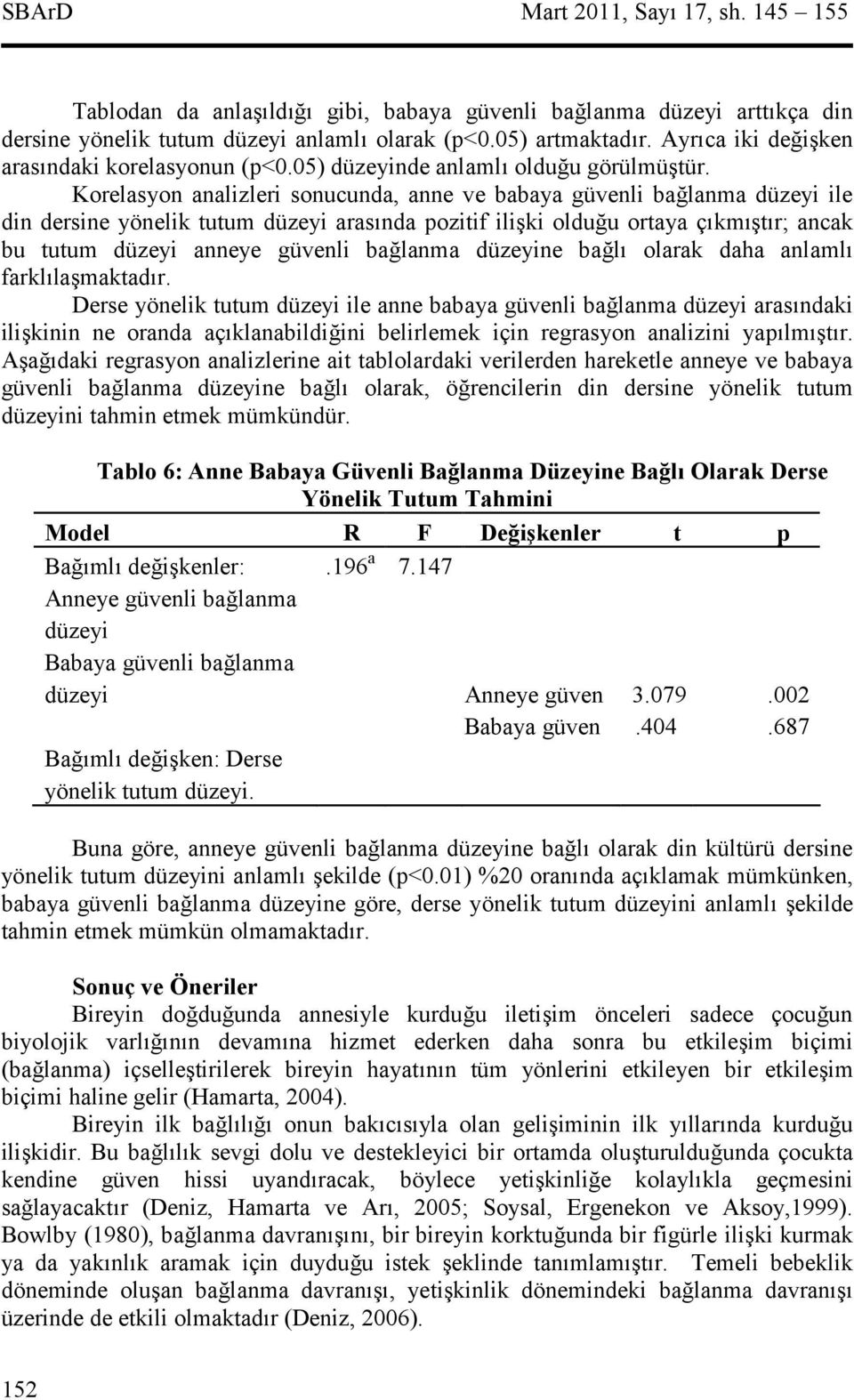 Korelasyon analizleri sonucunda, anne ve babaya güvenli balanma düzeyi ile din dersine yönelik tutum düzeyi arasnda pozitif iliki olduu ortaya çkmtr; ancak bu tutum düzeyi anneye güvenli balanma