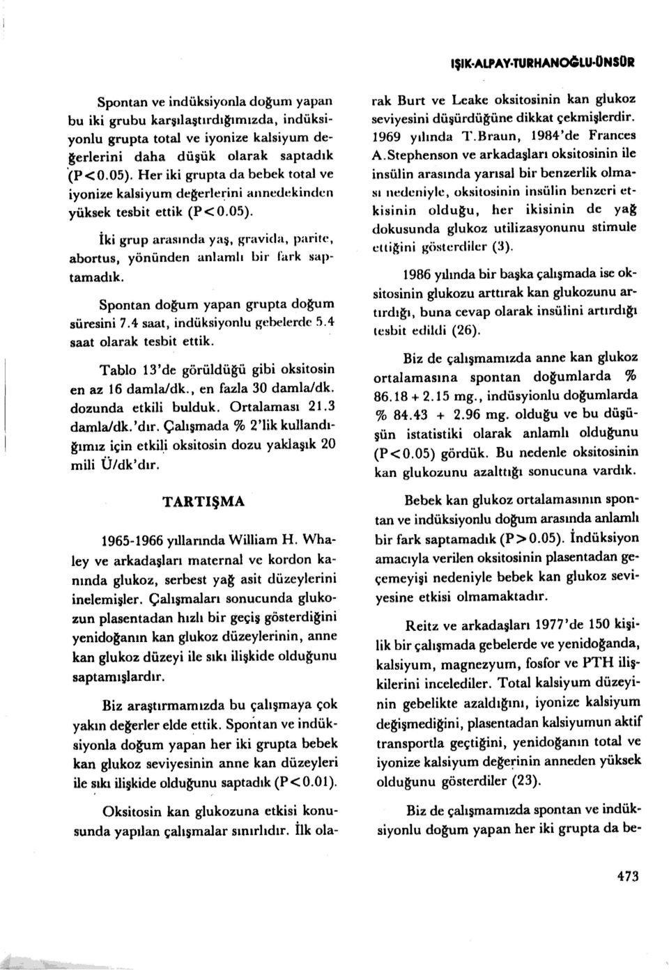 Spontan doğum yapan grupta doğum süresini 7.4 saat, indüksiyonlu gebelerde 5.4 saat olarak tesbit ettik. Tablo 13'de görüldüğü gibi oksitosin en az 16 damla/dk., en fazla 30 damla/dk.