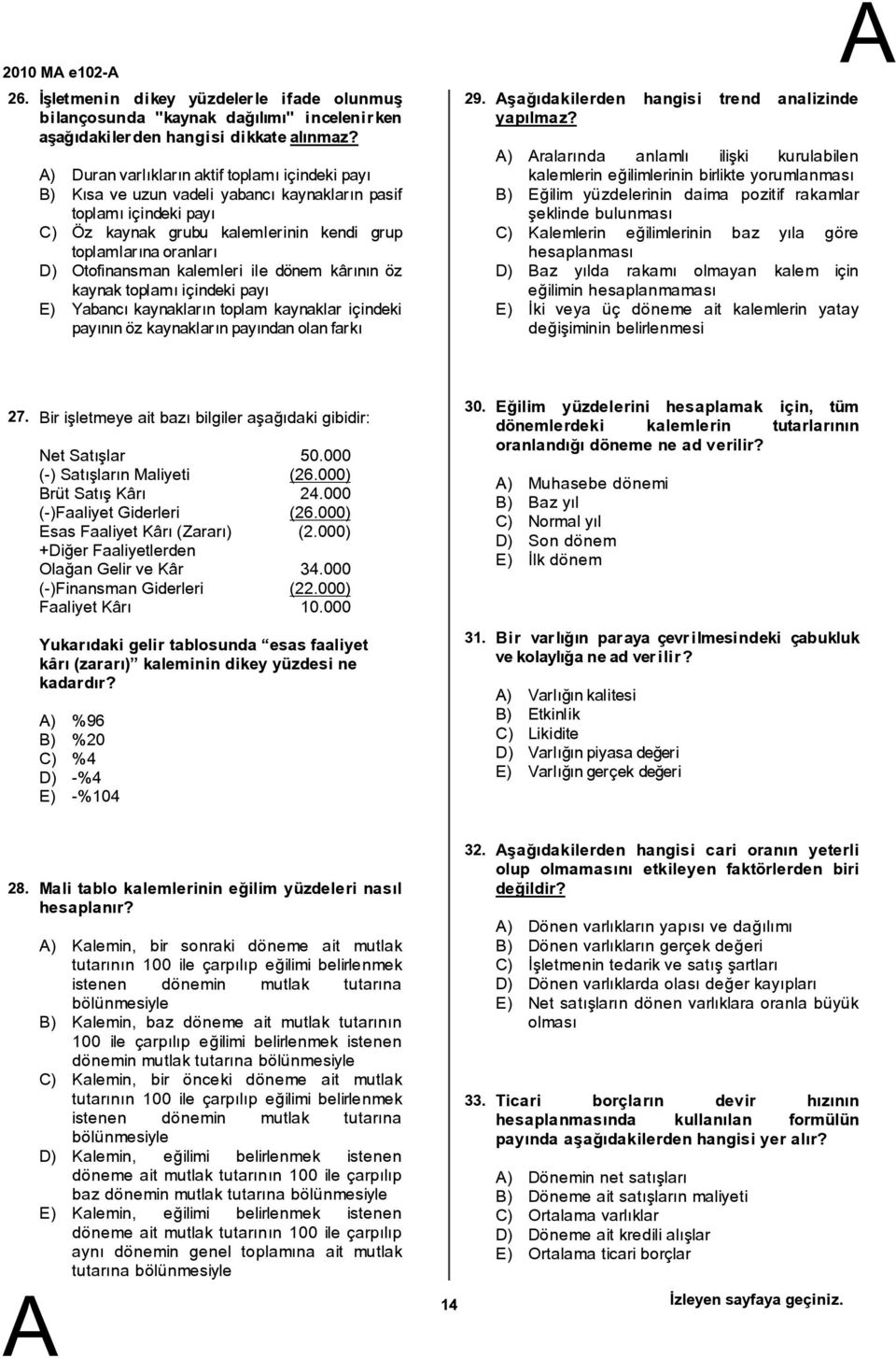 kalemleri ile dönem kârının öz kaynak toplamıiçindeki payı E) Yabancı kaynakların toplam kaynaklar içindeki payınınöz kaynaklarınpayındanolanfarkı 29. şağıdakilerden hangisi trend analizinde yapılmaz?