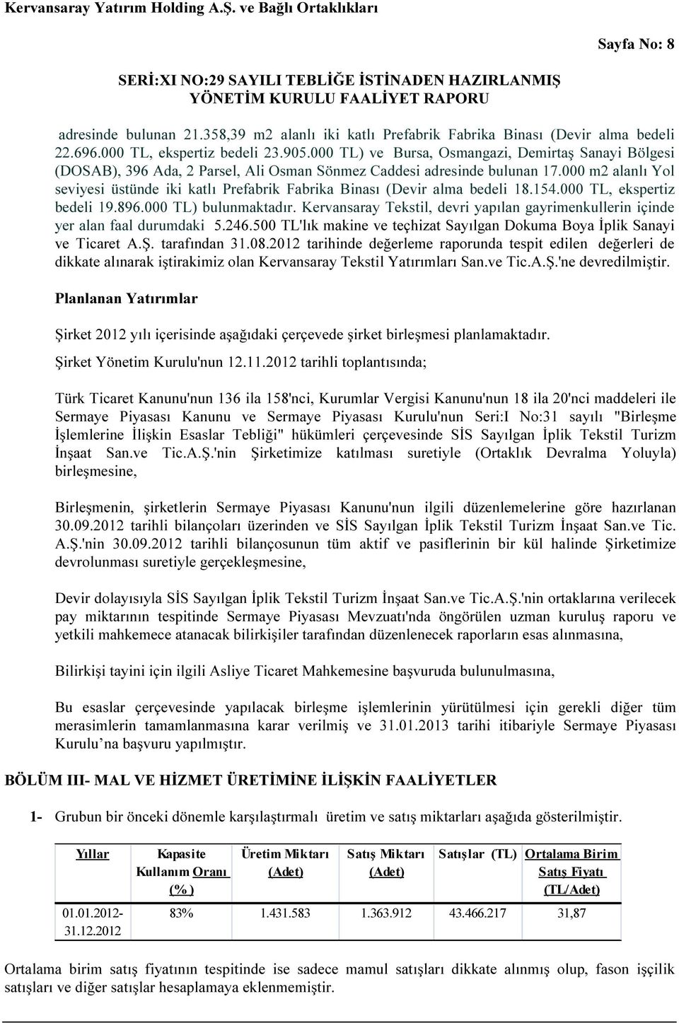 000 m2 alanlı Yol seviyesi üstünde iki katlı Prefabrik Fabrika Binası (Devir alma bedeli 18.154.000 TL, ekspertiz bedeli 19.896.000 TL) bulunmaktadır.