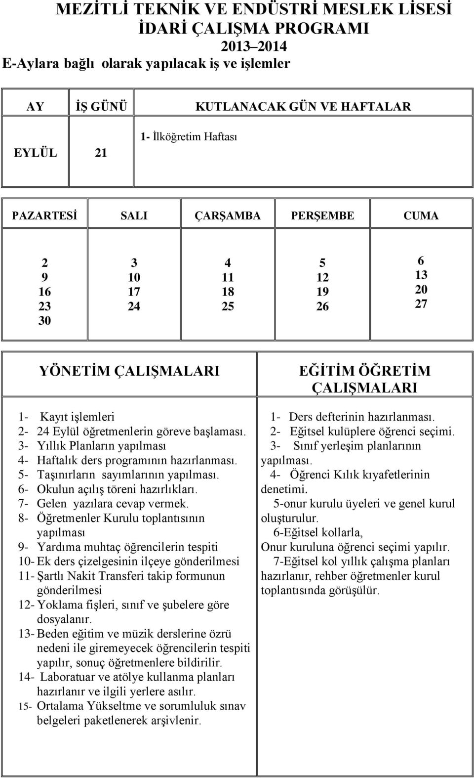 8- Öğretmenler Kurulu toplantısının yapılması - Yardıma muhtaç öğrencilerin tespiti 0- Ek ders çizelgesinin ilçeye - Şartlı Nakit Transferi takip formunun - Yoklama fişleri, sınıf ve şubelere göre