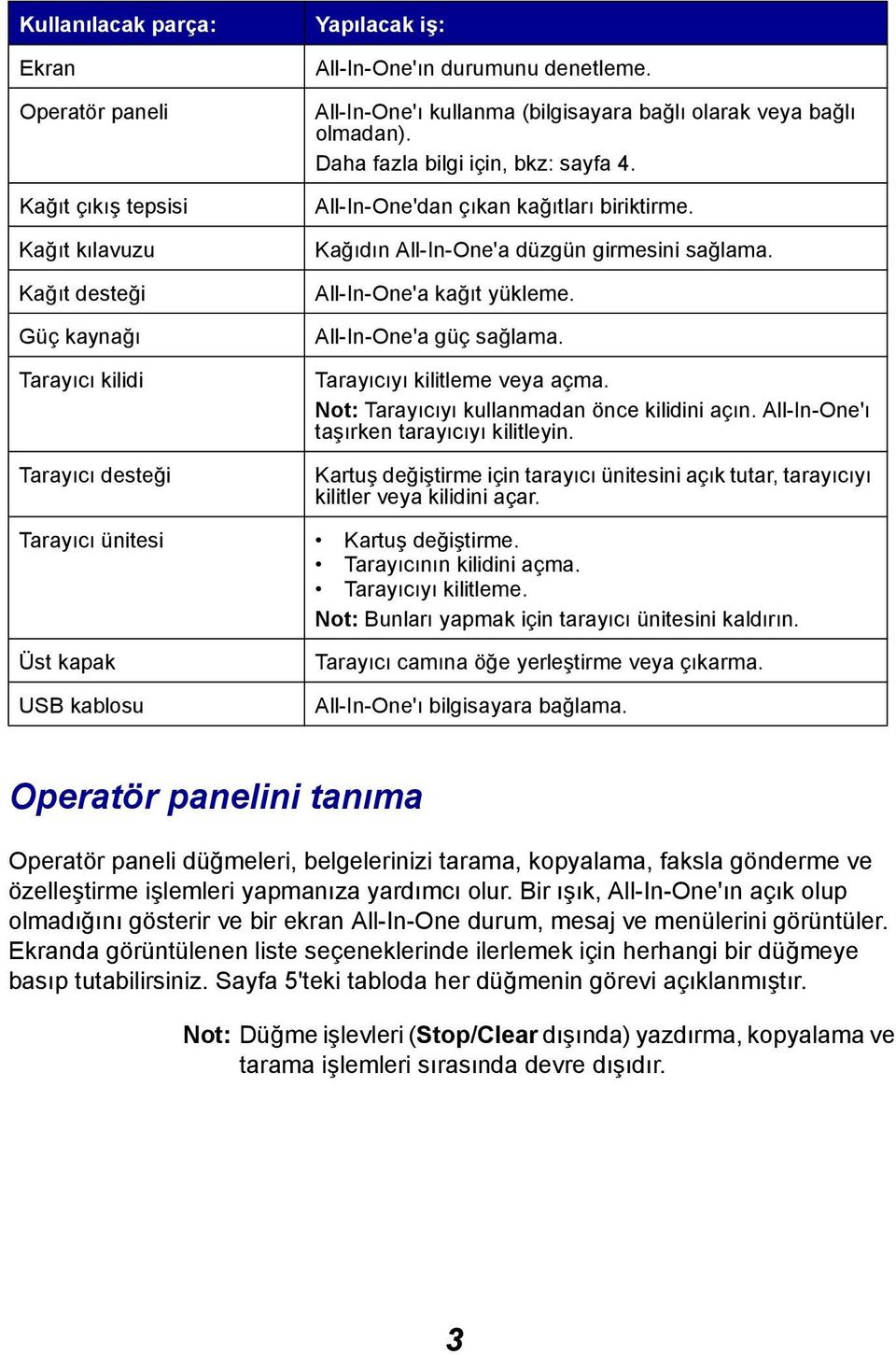 All-In-One'a kağıt yükleme. All-In-One'a güç sağlama. Tarayıcıyı kilitleme veya açma. Not: Tarayıcıyı kullanmadan önce kilidini açın. All-In-One'ı taşırken tarayıcıyı kilitleyin.