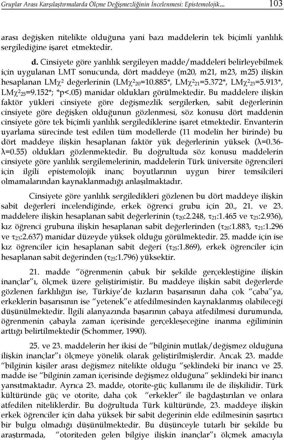 Cinsiyete göre yanlılık sergileyen madde/maddeleri belirleyebilmek için uygulanan LMT sonucunda, dört maddeye (m20, m21, m23, m25) ilişkin hesaplanan LM 2 değerlerinin (LM 2 20=10.885*, LM 2 21=5.