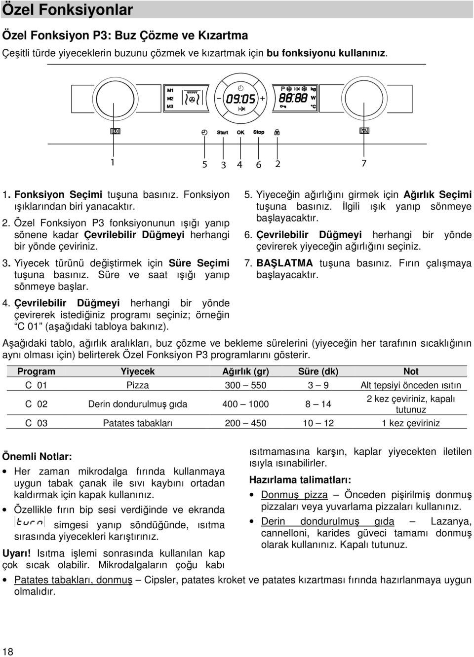 Yiyecek türünü değiştirmek için Süre Seçimi tuşuna basınız. Süre ve saat ışığı yanıp sönmeye başlar. 4.