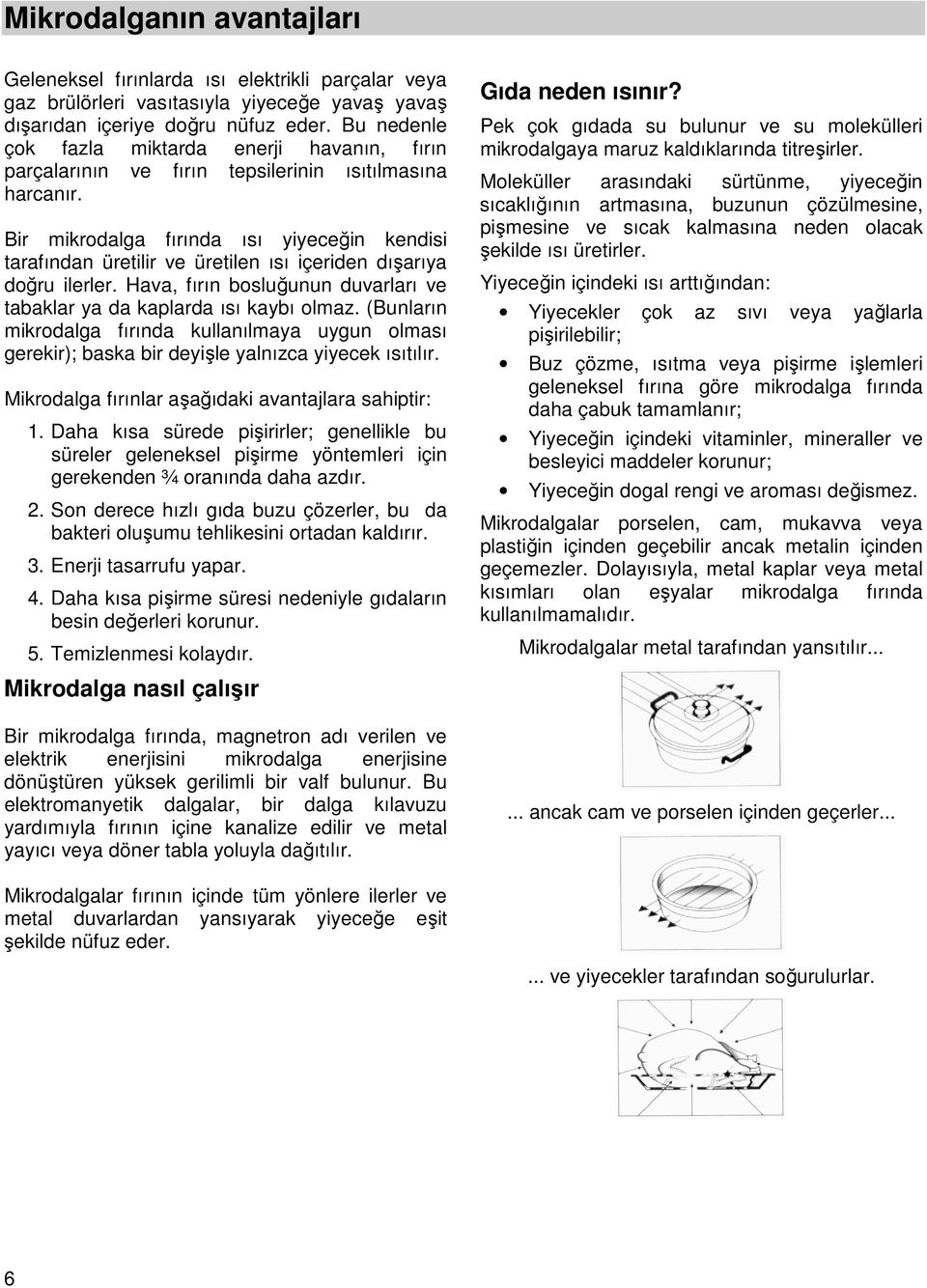 Bir mikrodalga fırında ısı yiyeceğin kendisi tarafından üretilir ve üretilen ısı içeriden dışarıya doğru ilerler. Hava, fırın bosluğunun duvarları ve tabaklar ya da kaplarda ısı kaybı olmaz.