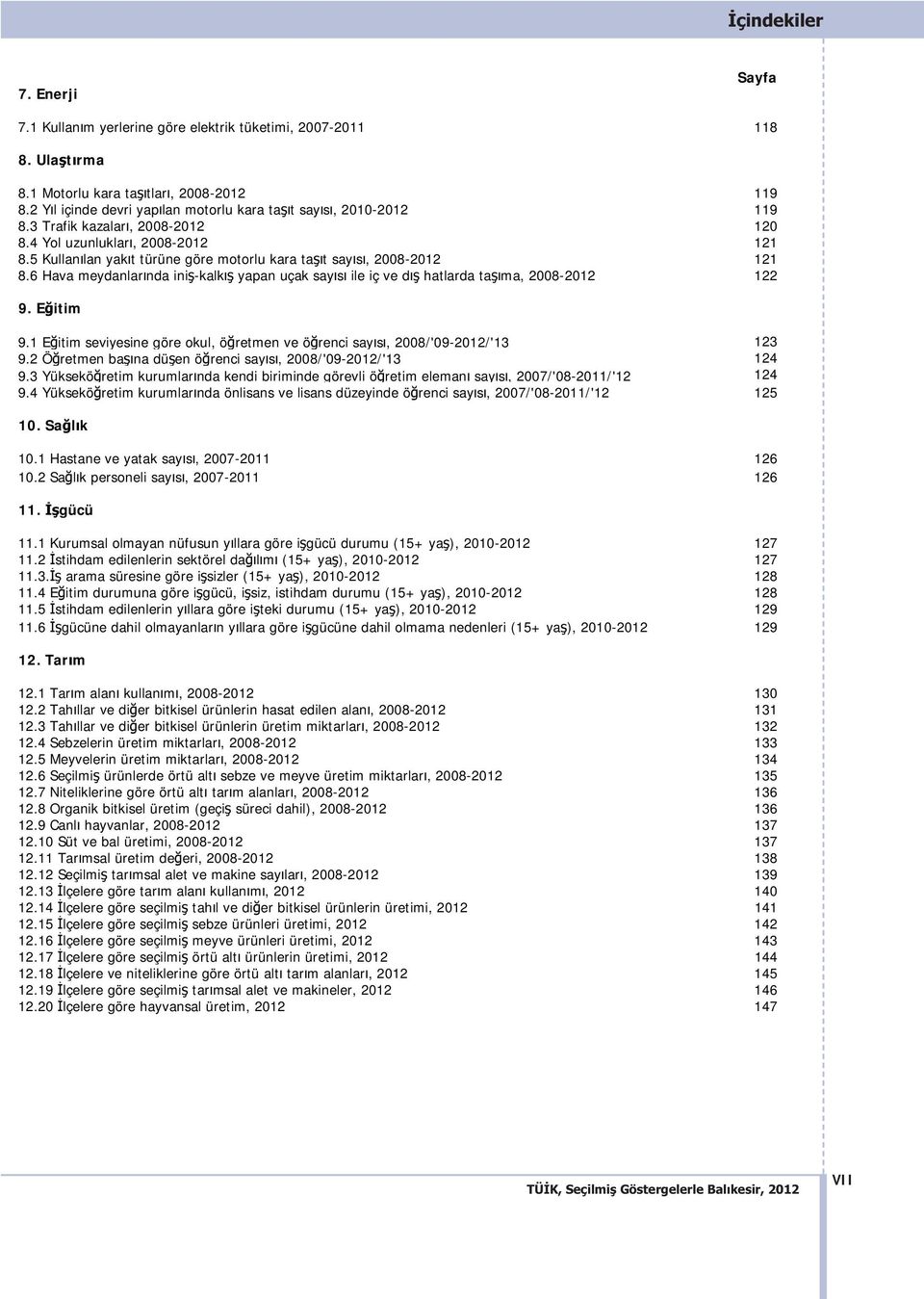 5 Kullan lan yak t türüne göre motorlu kara taş t say s, 2008-2012 121 8.6 Hava meydanlar nda iniş-kalk ş yapan uçak say s ile iç ve d ş hatlarda taş ma, 2008-2012 122 9. E itim 9.