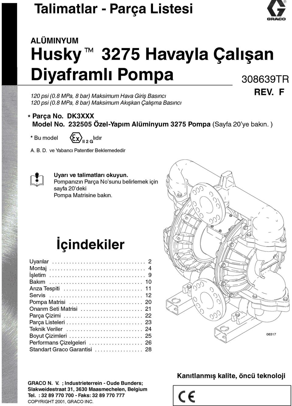 Pompanızın Parça No sunu belirlemek için sayfa 0 deki Pompa Matrisine bakın. İçindekiler Uyarılar... Montaj... 4 İşletim... 9 Bakım... 0 Arıza Tespiti... Servis... Pompa Matrisi... 0 OnarımSetiMatrisi.