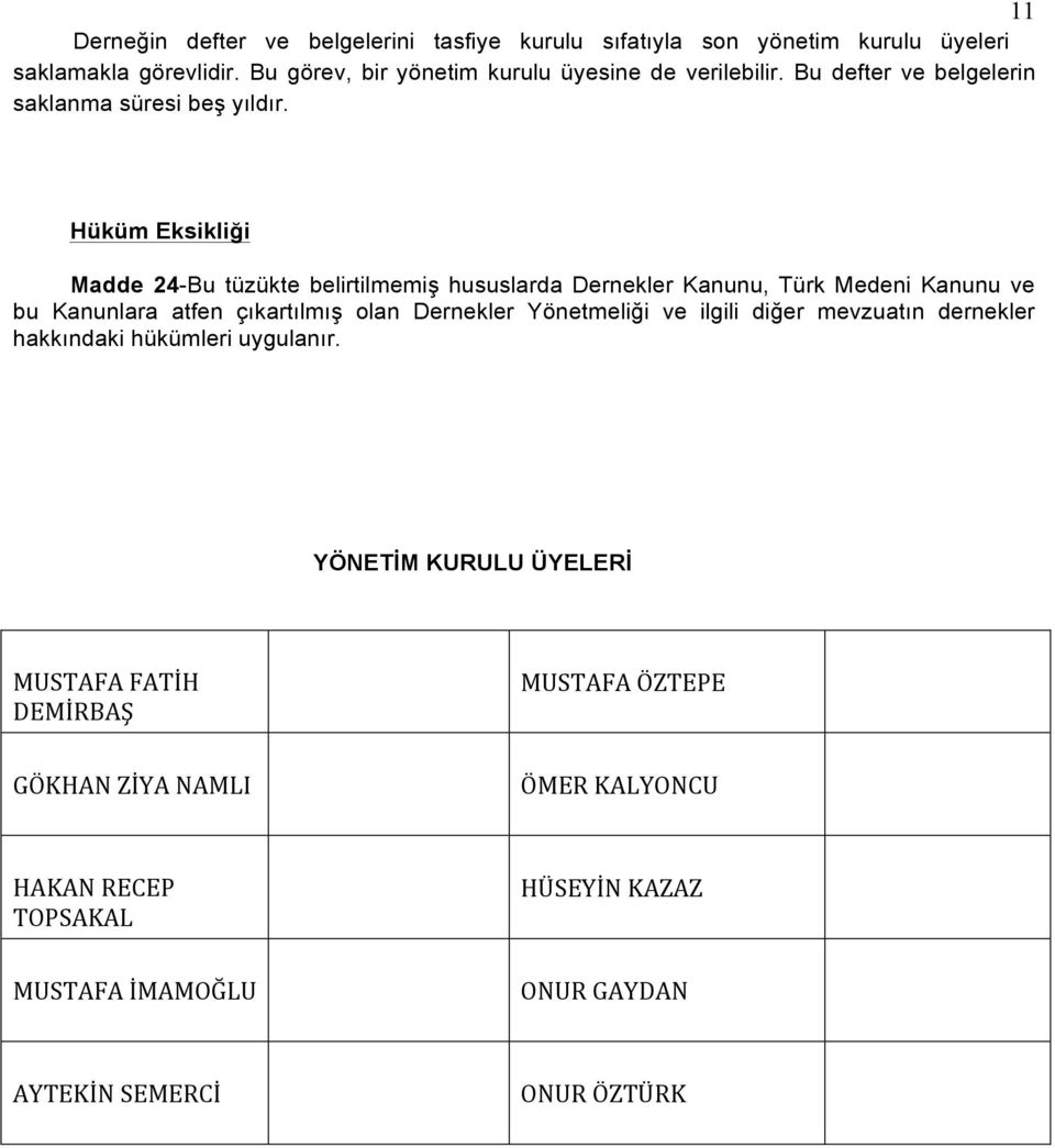 Hüküm Eksikliği Madde 24-Bu tüzükte belirtilmemiş hususlarda Dernekler Kanunu, Türk Medeni Kanunu ve bu Kanunlara atfen çıkartılmış olan Dernekler