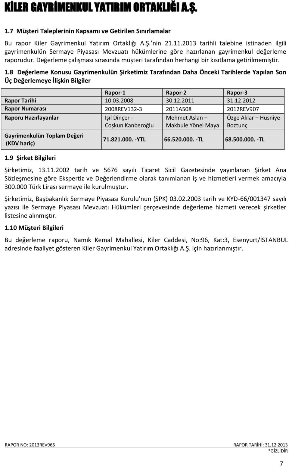 Değerleme çalışması sırasında müşteri tarafından herhangi bir kısıtlama getirilmemiştir. 1.