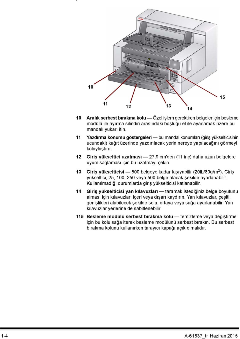 12 Giriş yükseltici uzatması 27,9 cm'den (11 inç) daha uzun belgelere uyum sağlaması için bu uzatmayı çekin. 13 Giriş yükselticisi 500 belgeye kadar taşıyabilir (20lb/80g/m 2 ).