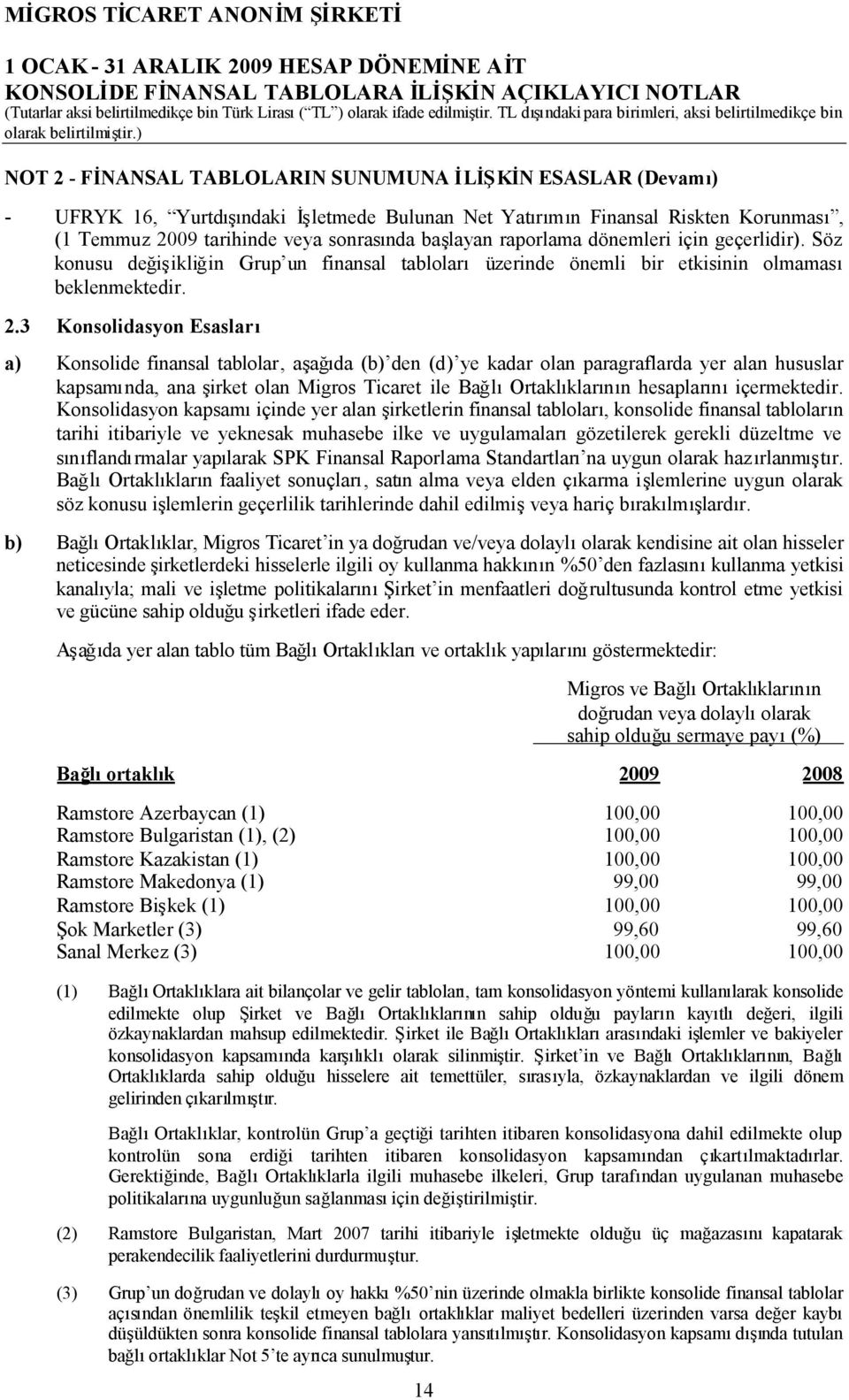 3 Konsolidasyon Esasları a) Konsolide finansal tablolar, aşağıda (b) den (d) ye kadar olan paragraflarda yer alan hususlar kapsamında, ana şirket olan Migros Ticaret ile BağlıOrtaklıklarının