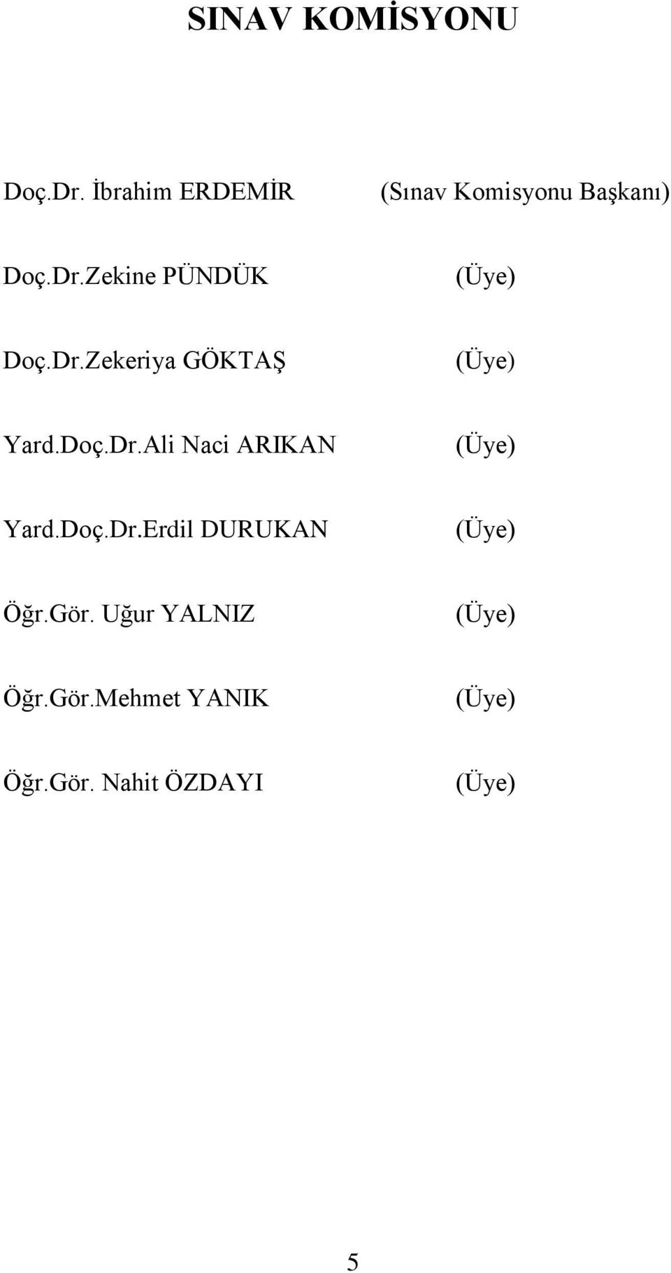 Zekine PÜNDÜK (Üye) Doç.Dr.Zekeriya GÖKTAŞ (Üye) Yard.Doç.Dr.Ali Naci ARIKAN (Üye) Yard.