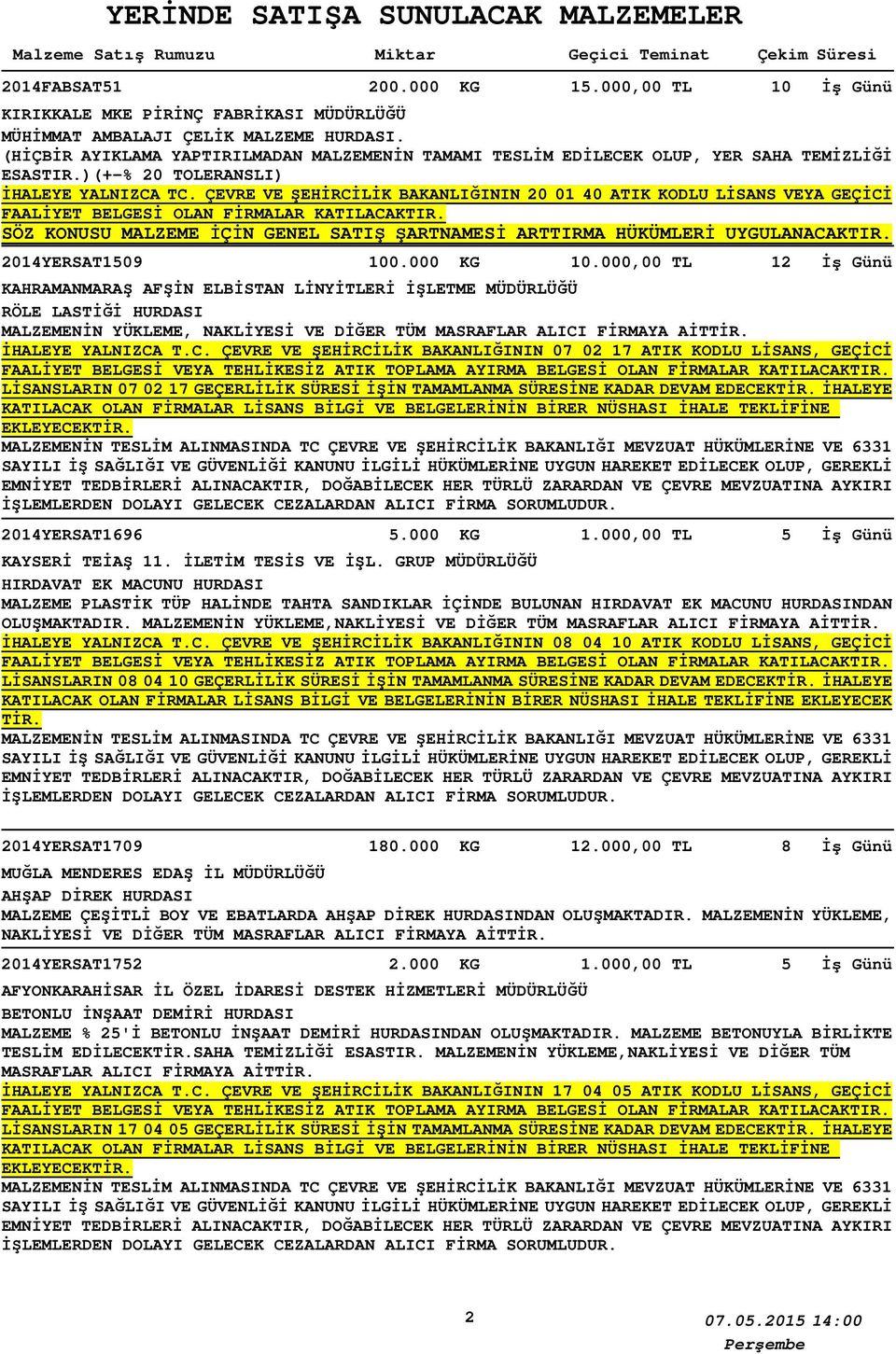 (HİÇBİR AYIKLAMA YAPTIRILMADAN MALZEMENİN TAMAMI TESLİM EDİLECEK OLUP, YER SAHA TEMİZLİĞİ ESASTIR.)(+-% 20 TOLERANSLI) İHALEYE YALNIZCA TC.