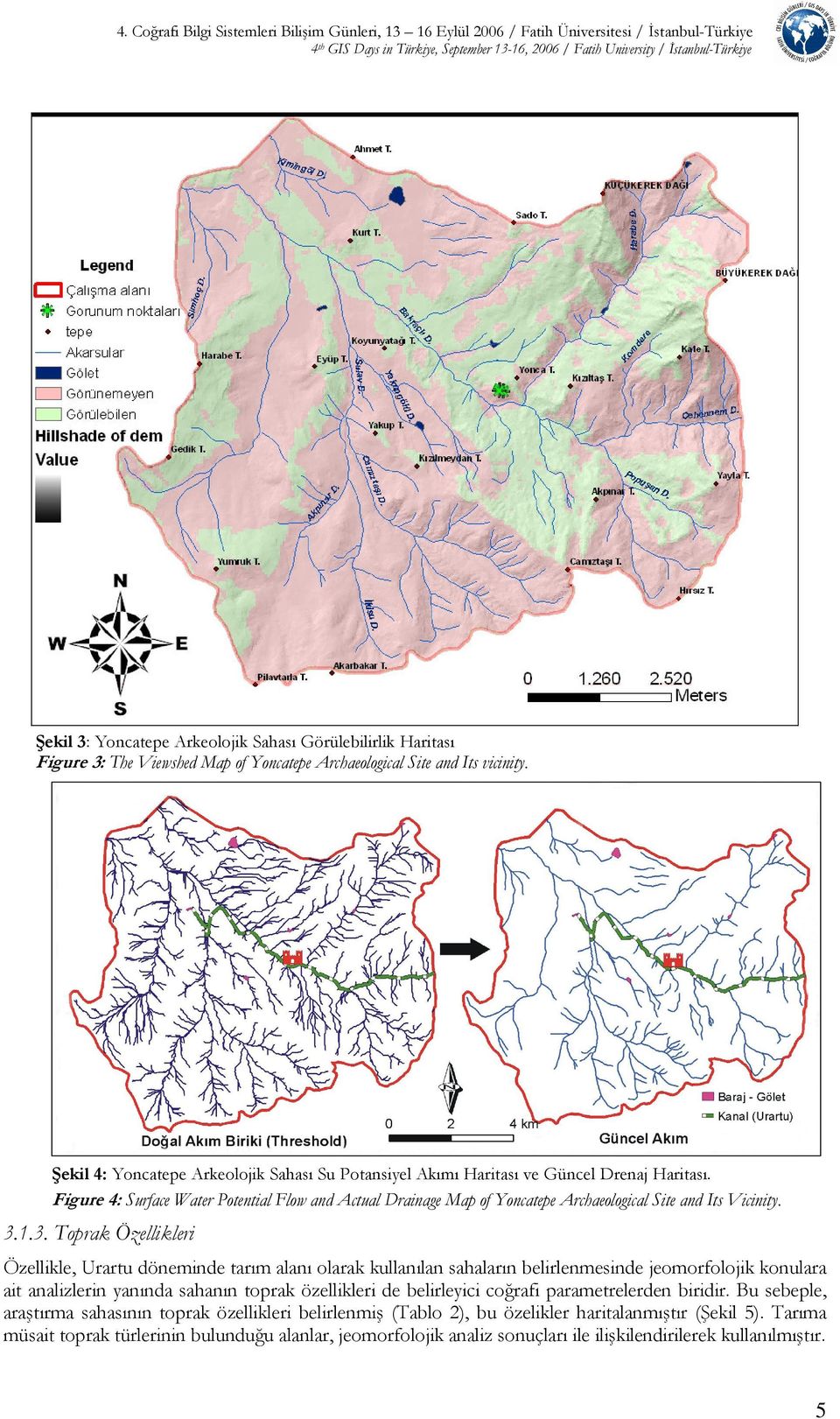 Şekil 4: Yoncatepe Arkeolojik Sahası Su Potansiyel Akımı Haritası ve Güncel Drenaj Haritası.