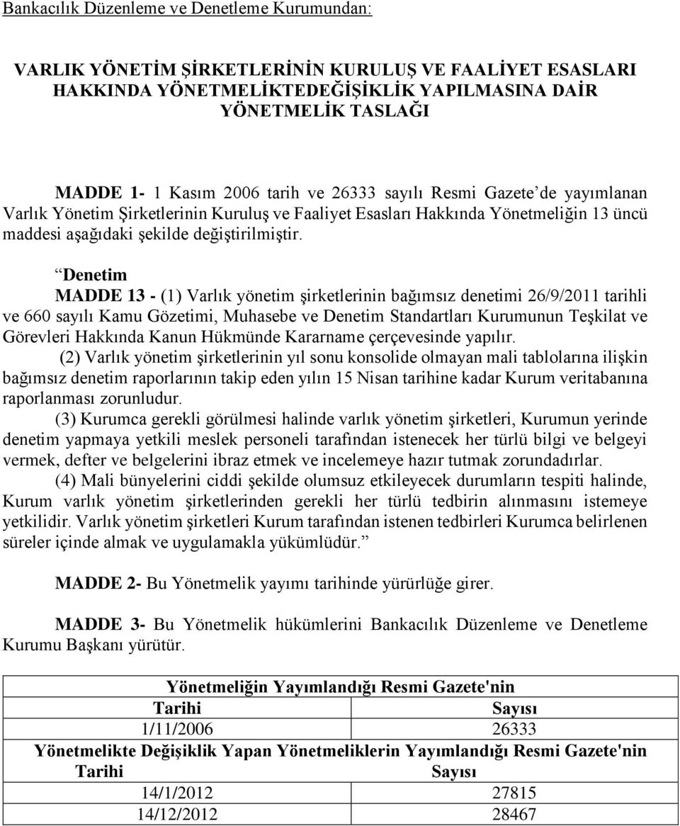 Denetim MADDE 13 - (1) Varlık yönetim şirketlerinin bağımsız denetimi 26/9/2011 tarihli ve 660 sayılı Kamu Gözetimi, Muhasebe ve Denetim Standartları Kurumunun Teşkilat ve Görevleri Hakkında Kanun