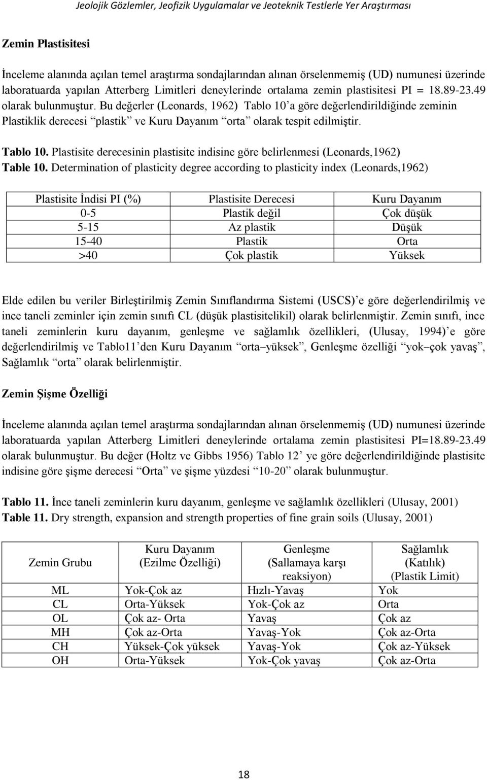 Bu değerler (Leonards, 1962) Tablo 10 a göre değerlendirildiğinde zeminin Plastiklik derecesi plastik ve Kuru Dayanım orta olarak tespit edilmiştir. Tablo 10. Plastisite derecesinin plastisite indisine göre belirlenmesi (Leonards,1962) Table 10.