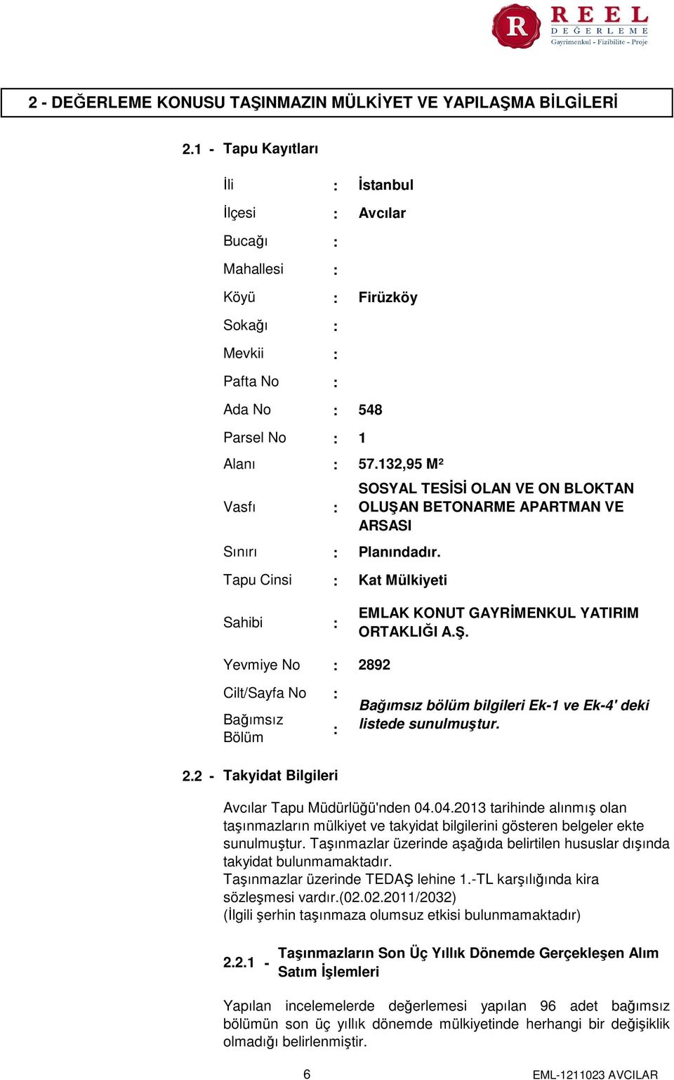 1 57.132,95 M² SOSYAL TESİSİ OLAN VE ON BLOKTAN OLUŞAN BETONARME APARTMAN VE ARSASI Planındadır. Kat Mülkiyeti EMLAK KONUT GAYRİMENKUL YATIRIM ORTAKLIĞI A.Ş. 2892 Bağımsız bölüm bilgileri Ek-1 ve Ek-4' deki listede sunulmuştur.