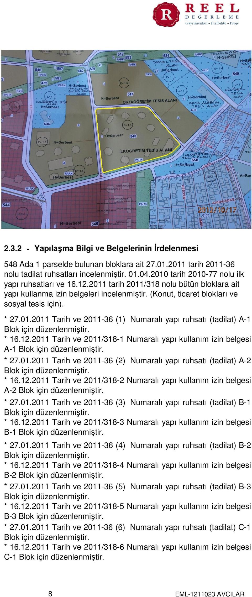 * 16.12.2011 Tarih ve 2011/318-1 Numaralı yapı kullanım izin belgesi A-1 Blok için düzenlenmiştir. * 27.01.2011 Tarih ve 2011-36 (2) Numaralı yapı ruhsatı (tadilat) A-2 Blok için düzenlenmiştir. * 16.