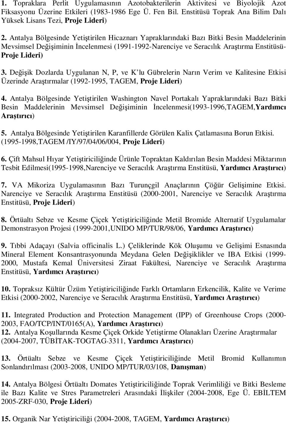 Antalya Bölgesinde Yeti tirilen Hicaznar Yapraklar ndaki Baz Bitki Besin Maddelerinin Mevsimsel De iminin ncelenmesi (1991-1992-Narenciye ve Serac k Ara rma Enstitüsü- Proje Lideri) 3.