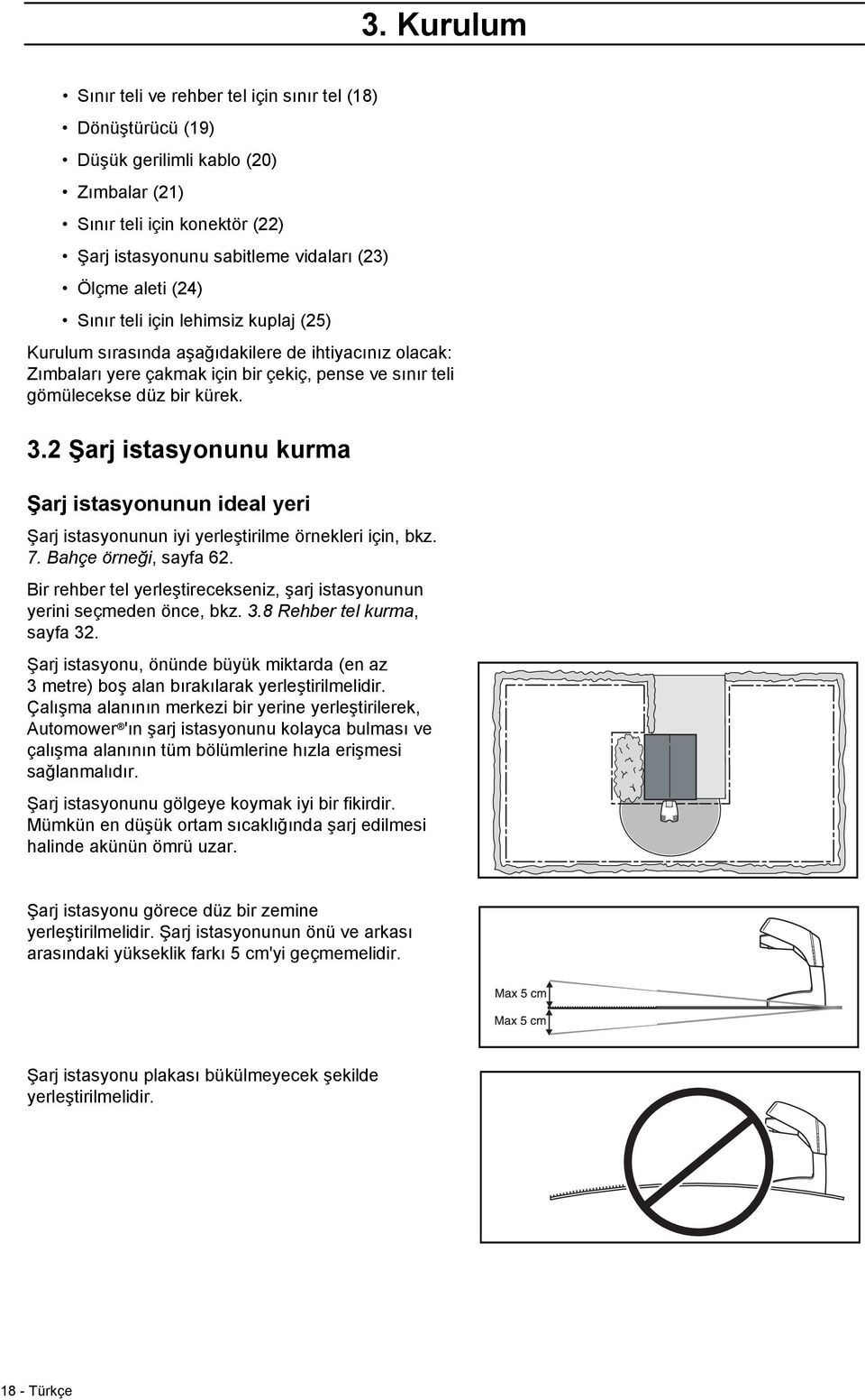 2 Şarj istasyonunu kurma Şarj istasyonunun ideal yeri Şarj istasyonunun iyi yerleştirilme örnekleri için, bkz. 7. Bahçe örneği, sayfa 62.