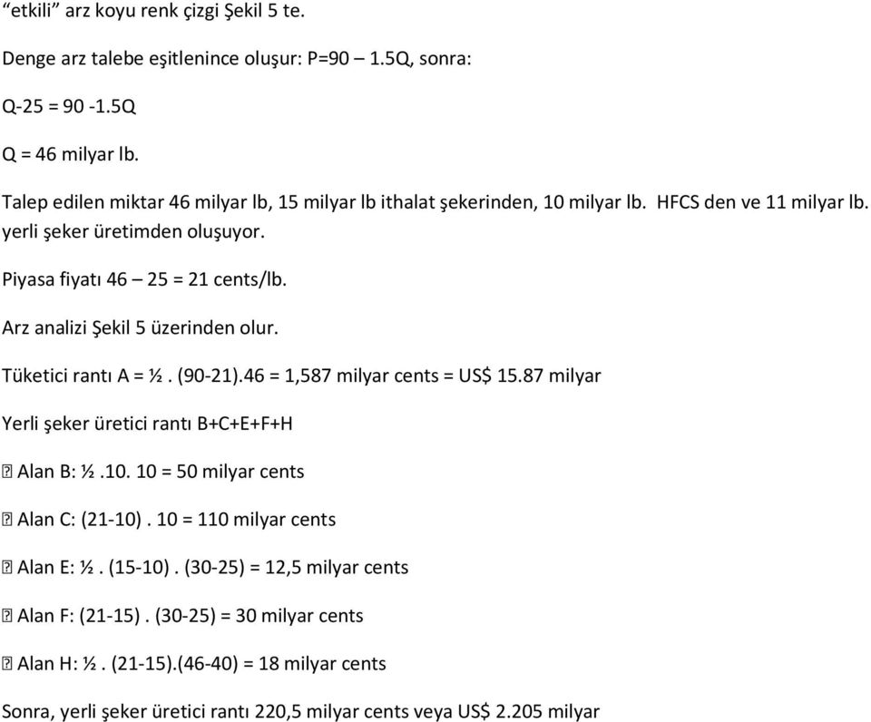Arz analizi Şekil 5 üzerinden olur. Tüketici rantı A = ½. (90-21).46 = 1,587 milyar cents = US$ 15.87 milyar Yerli şeker üretici rantı B+C+E+F+H Alan B: ½.10.